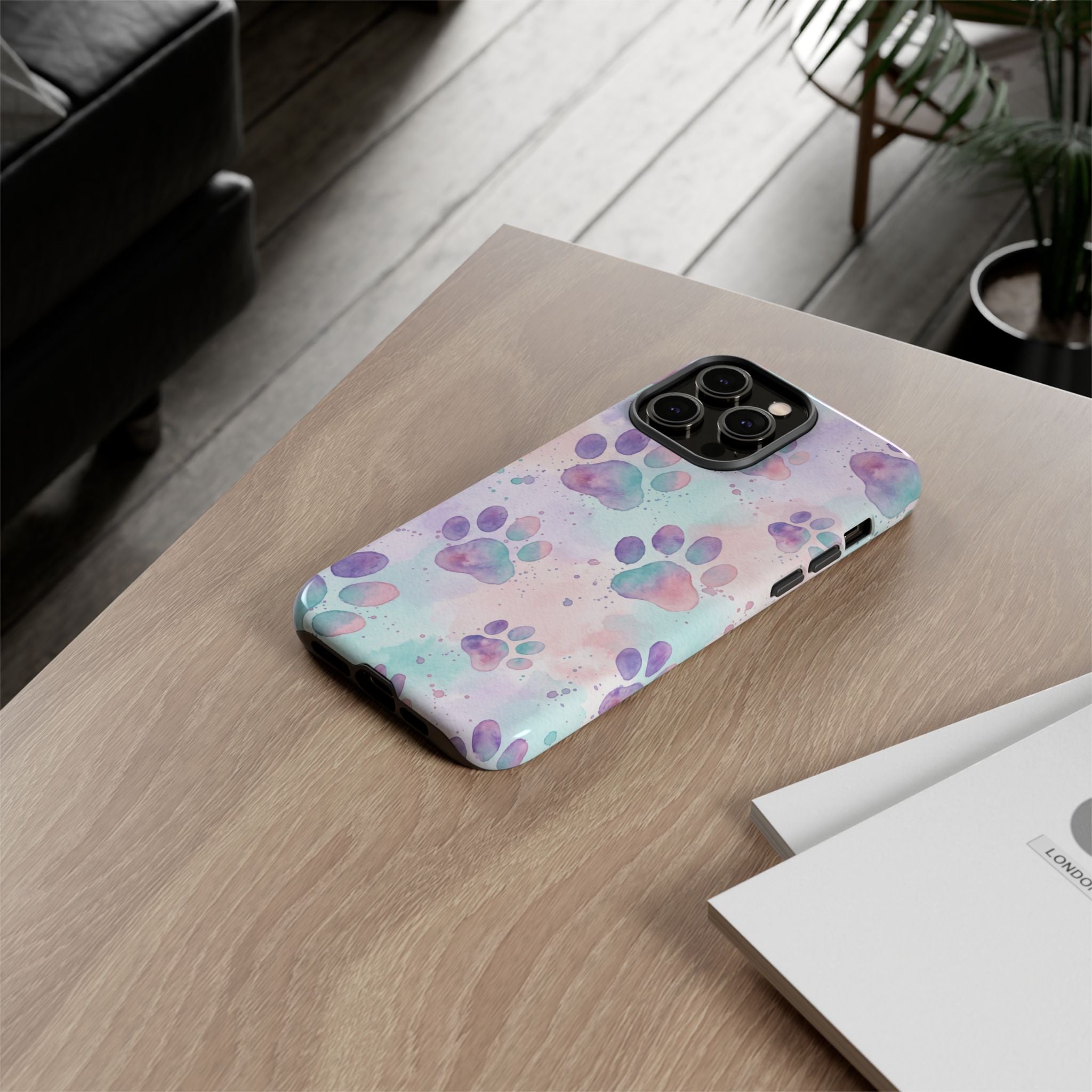 Watercolor Paw Print Phone Case | Pastel Purple, Teal & Pink Artistic Pattern | Samsung & iPhone