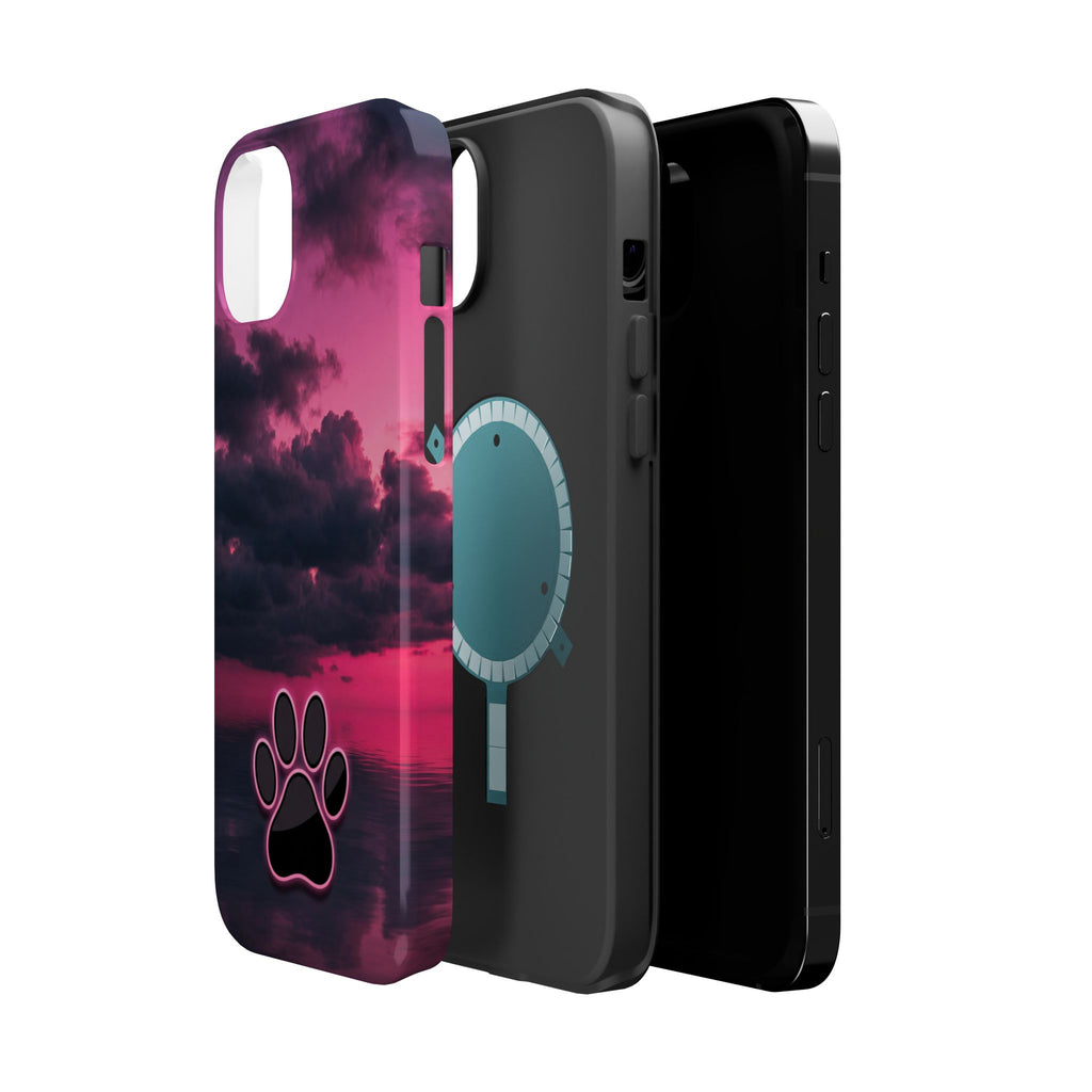 iPhone & Samsung Magnetic Impact-Resistant Phone Case — Pink Twilight Cloud with Paw Print