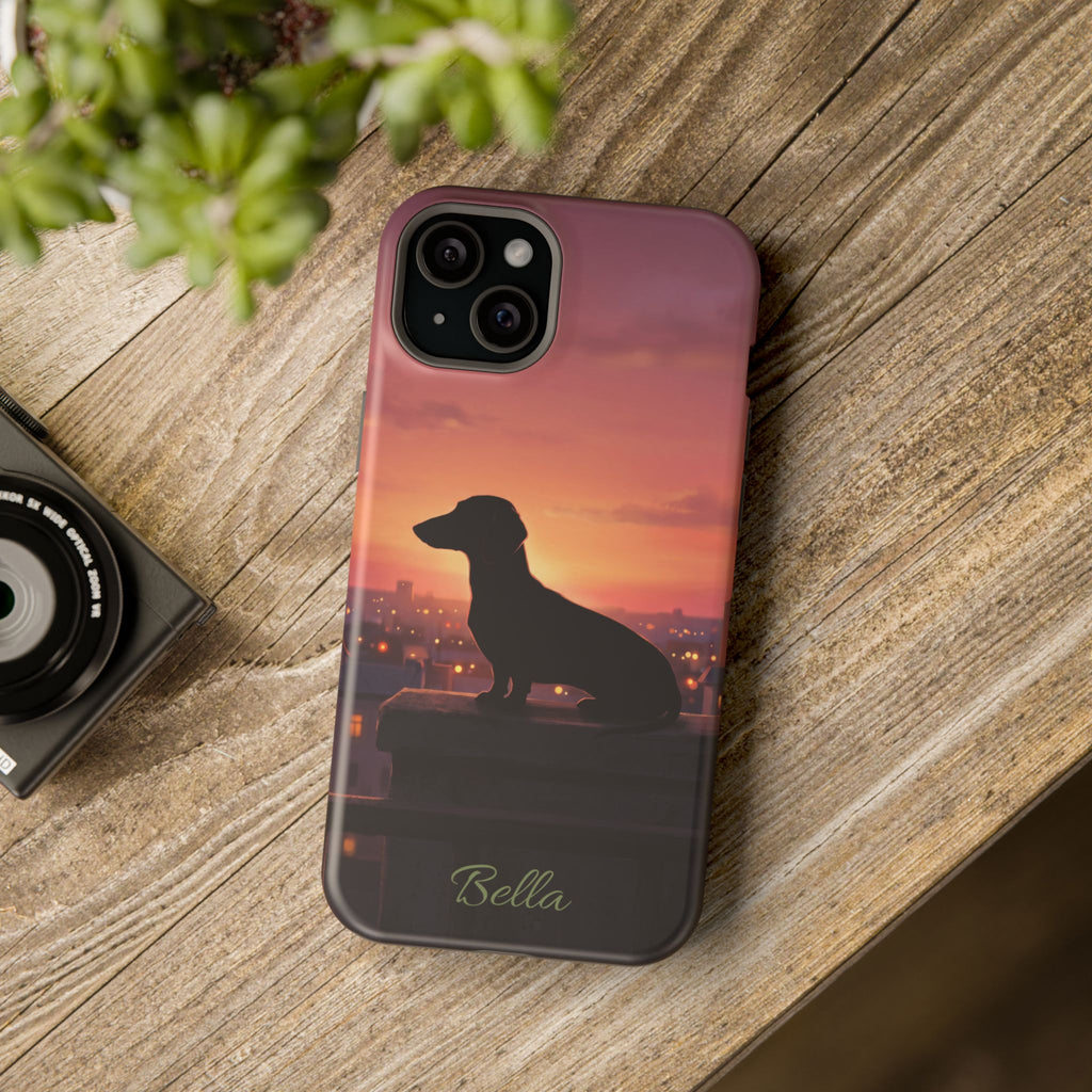 Personalized Dachshund Rooftop Sunset Phone Case — Wireless Charging Cover