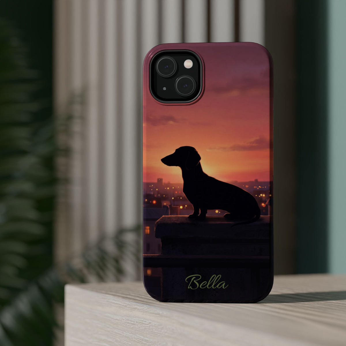 Personalized Dachshund Rooftop Sunset Phone Case — Wireless Charging Cover