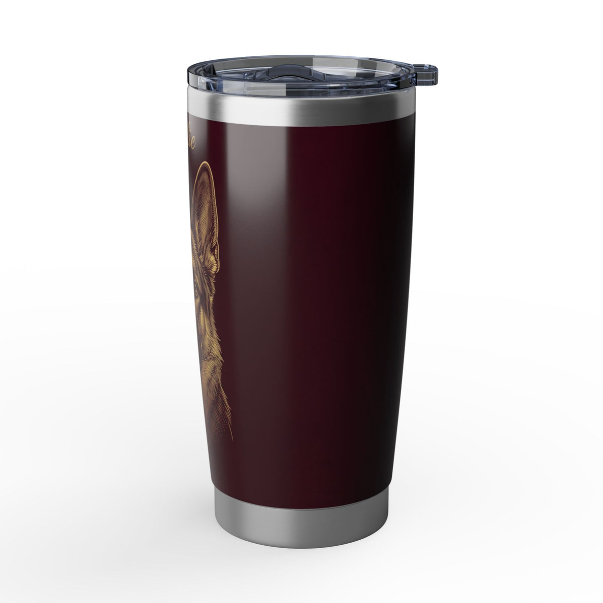 German Shepherd Personalized Tumbler | Burgundy Gold Engraving Art — 20 oz Stainless Travel Mug