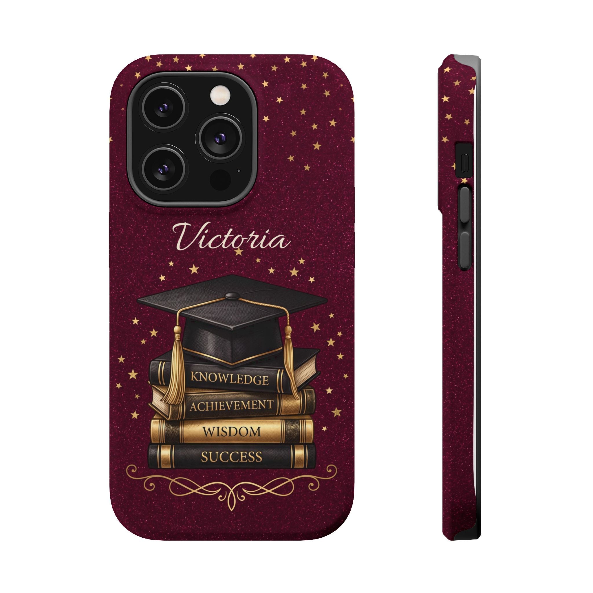 Graduation Cap & Books Personalized Teacher Phone Case — Wireless Charging Cover