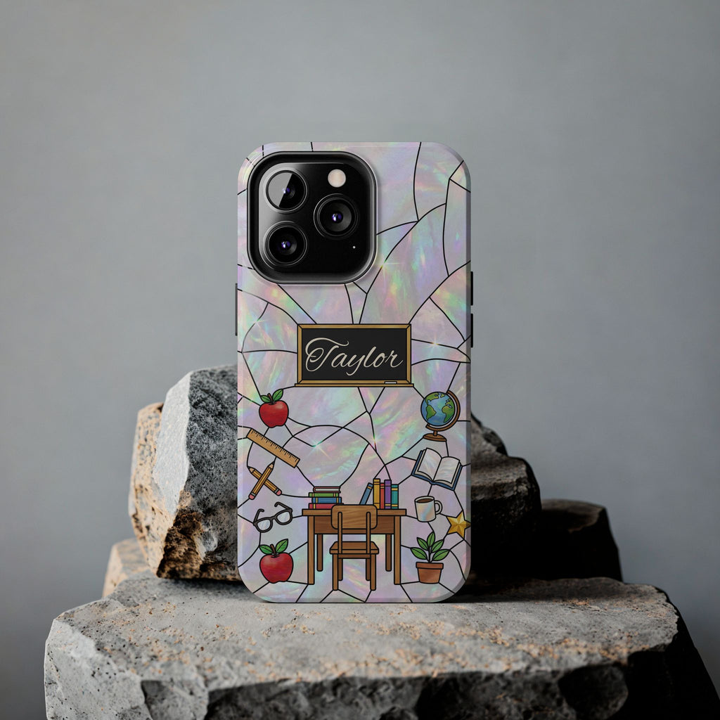 Personalized Teacher Phone Case — Custom Name Stained Glass Classroom Design