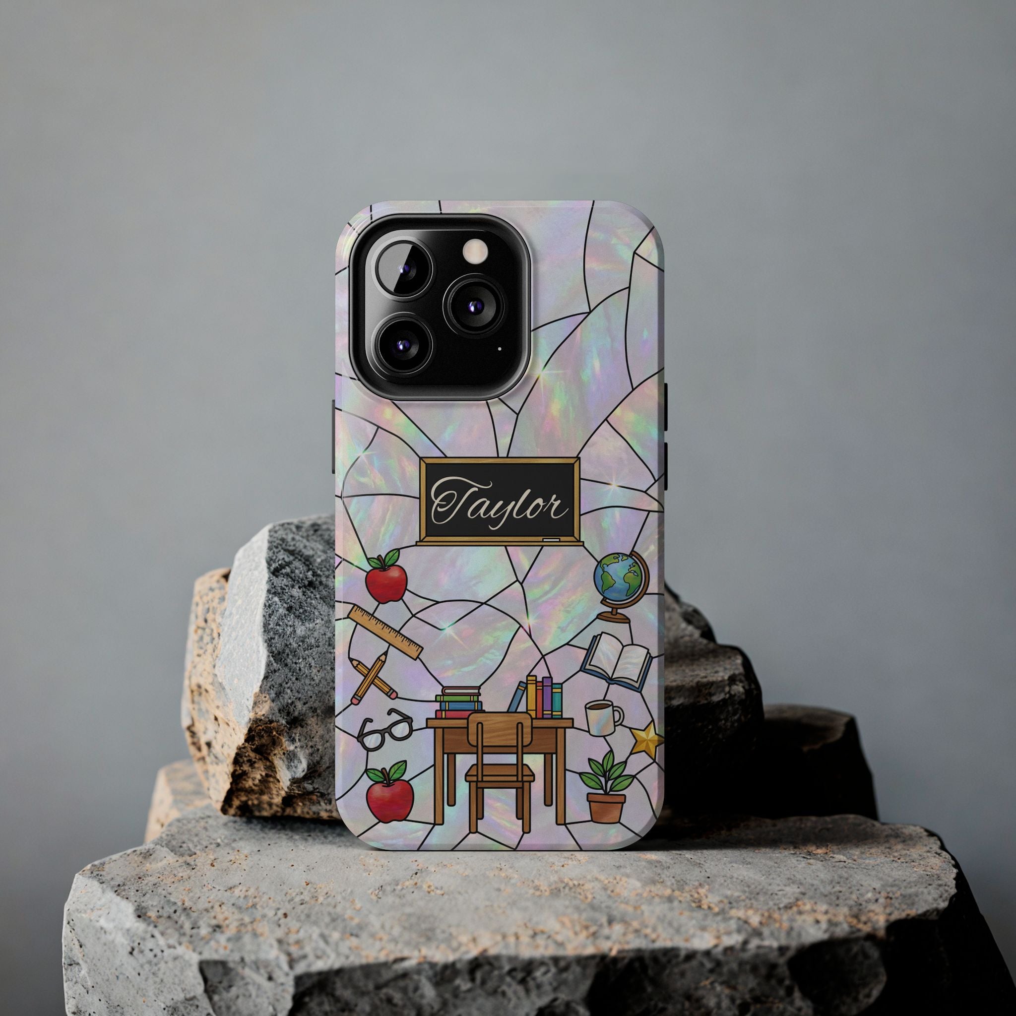 Personalized Teacher Phone Case — Custom Name Stained Glass Classroom Design