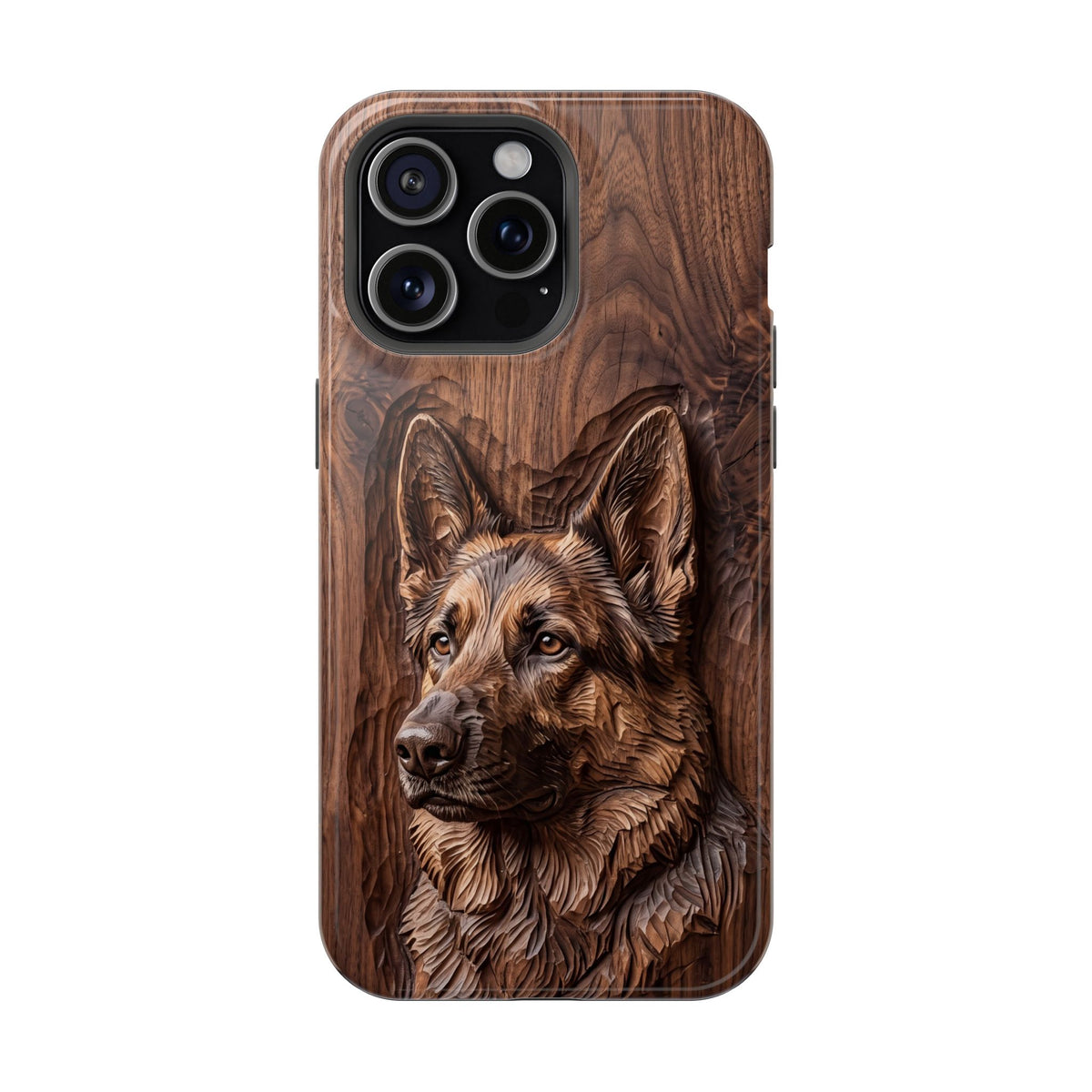 German Shepherd Phone Case | Carved Walnut Art — Tough Magnetic Case with Wireless Charging