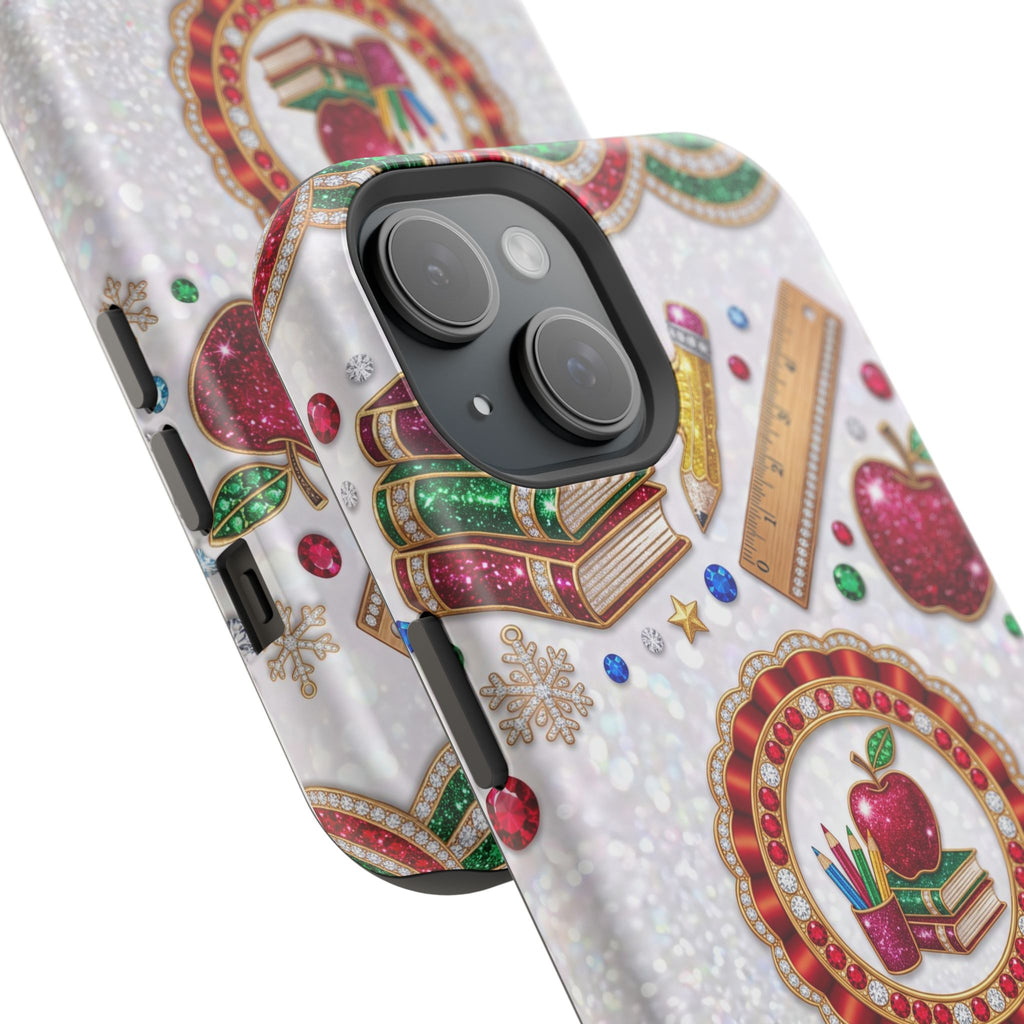 Jeweled Apple Medallion Personalized Teacher Phone Case — Wireless Charging Cover