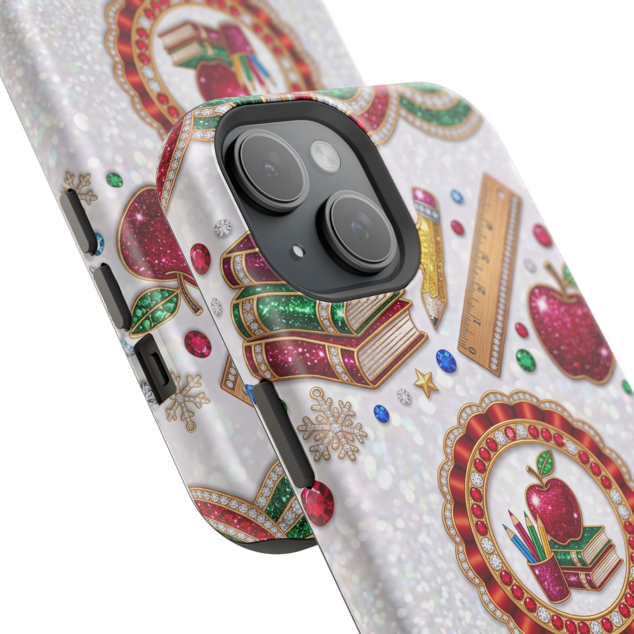 Jeweled Apple Medallion Personalized Teacher Phone Case — Wireless Charging Cover