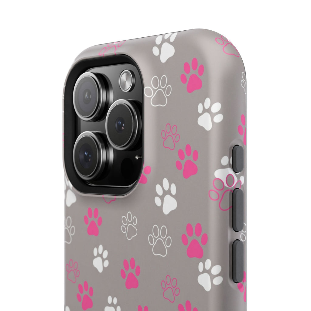 Pink & White Paw Print Phone Case — Impact-Resistant Wireless Charging Cover