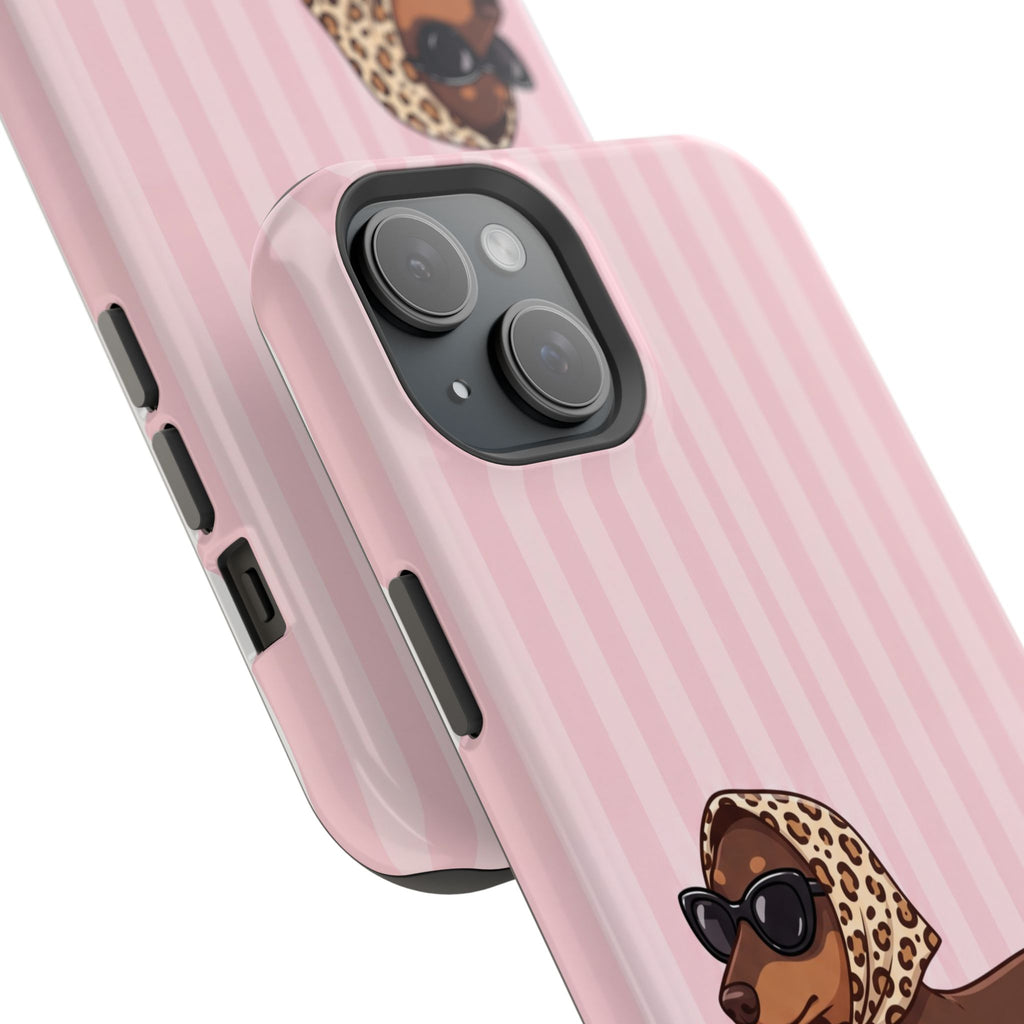 Glam Dachshund Phone Case | Cute Sausage Dog in Leopard Scarf & Sunglasses | Pink Stripe Case for iPhone & Samsung