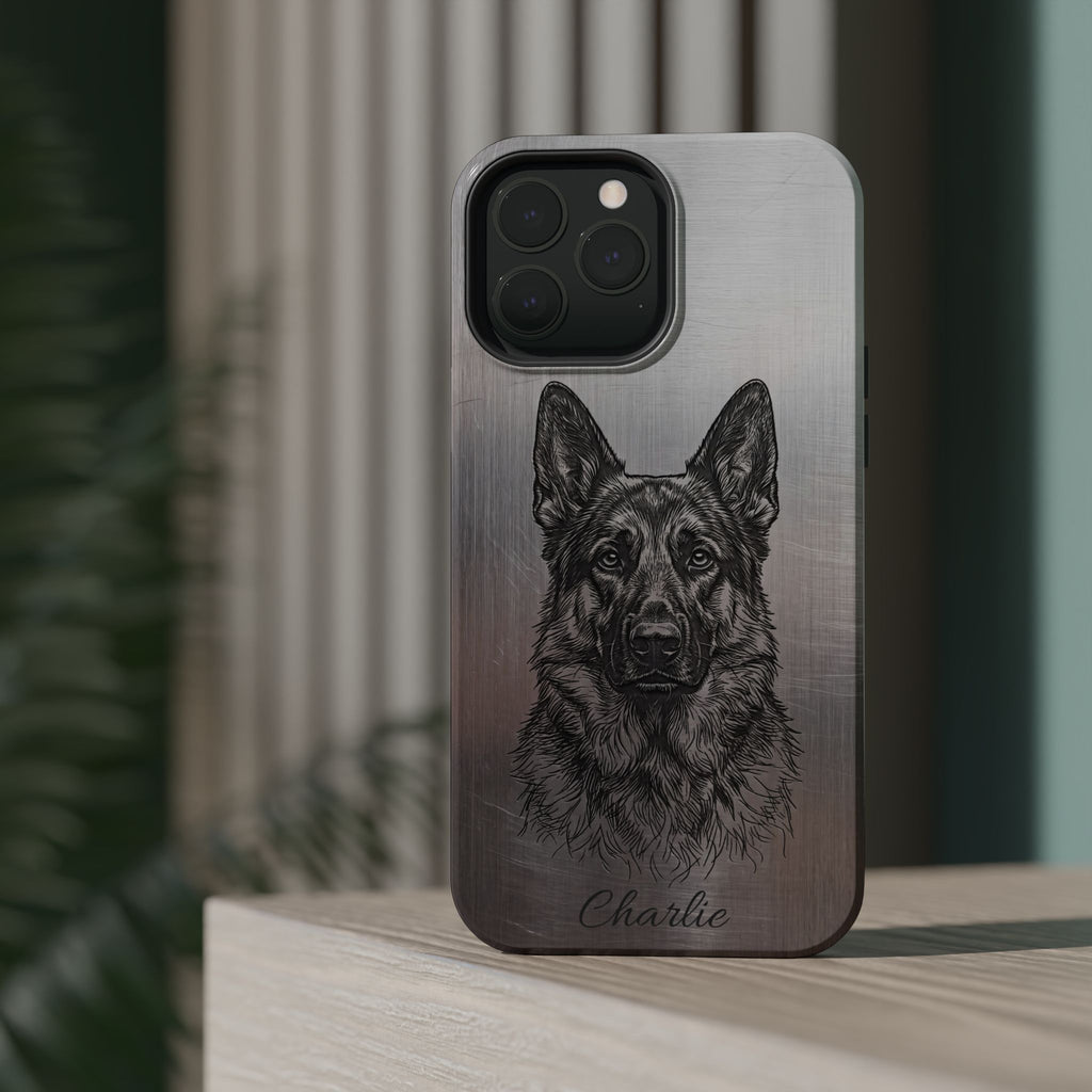 German Shepherd Phone Case | Personalized Etched Silver Art — Tough Magnetic Case with Wireless Charging