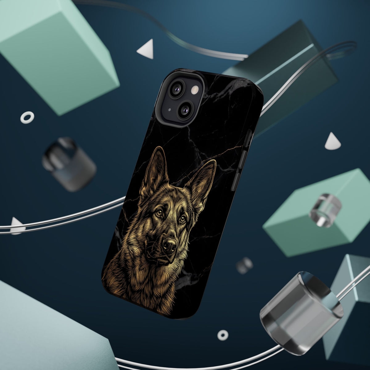 German Shepherd Phone Case | Black Marble Gold Sketch Art — Tough Magnetic Case with Wireless Charging