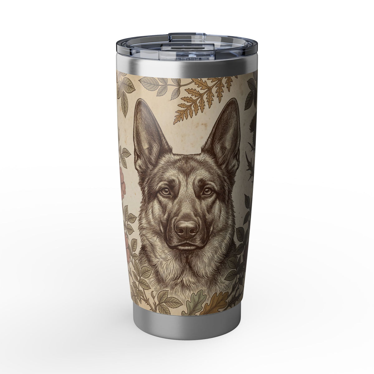 German Shepherd Tumbler | Vintage Botanical Engraving Art — 20 oz Stainless Travel Mug