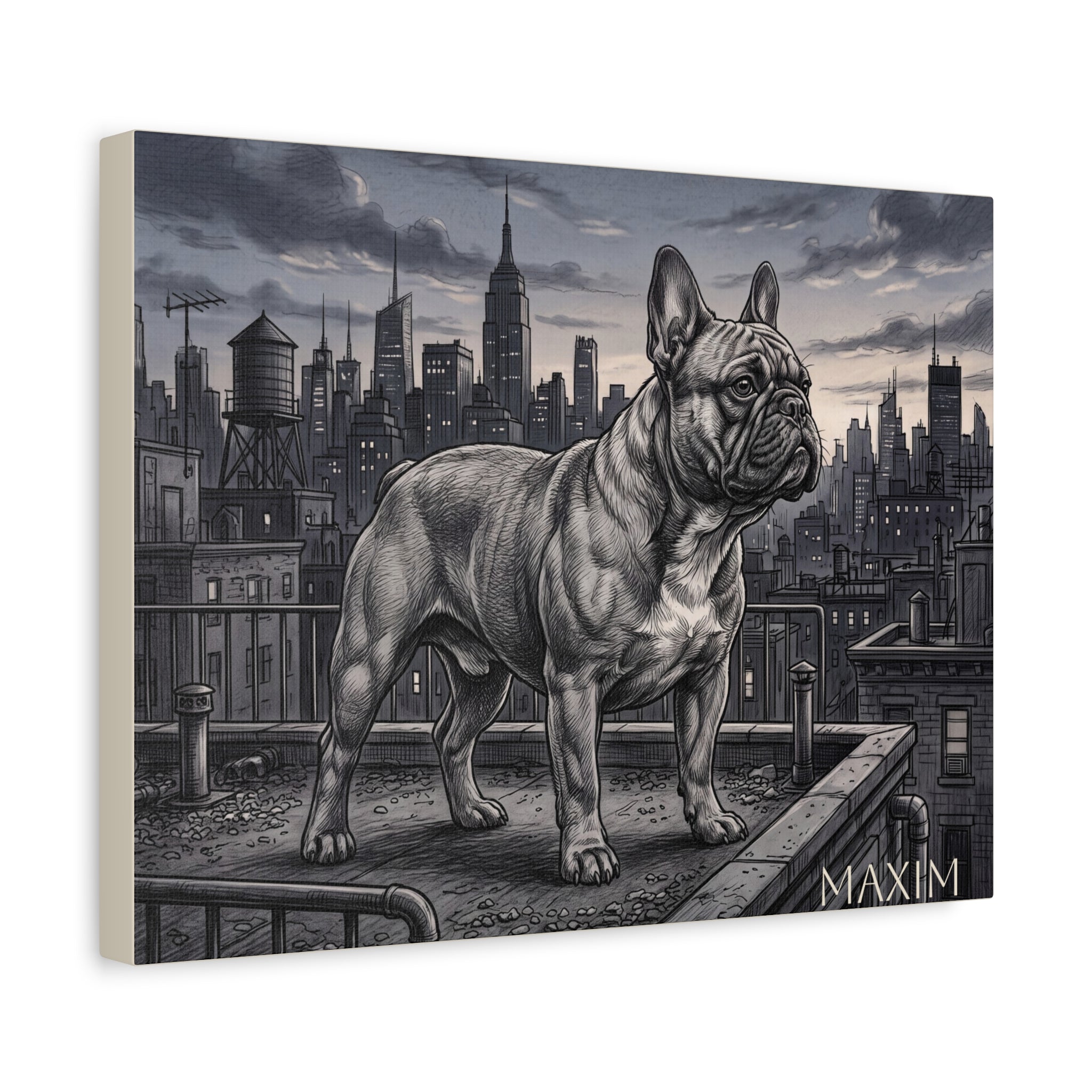 French Bulldog City Rooftop Sketch Personalized Canvas | Urban Skyline Wall Art