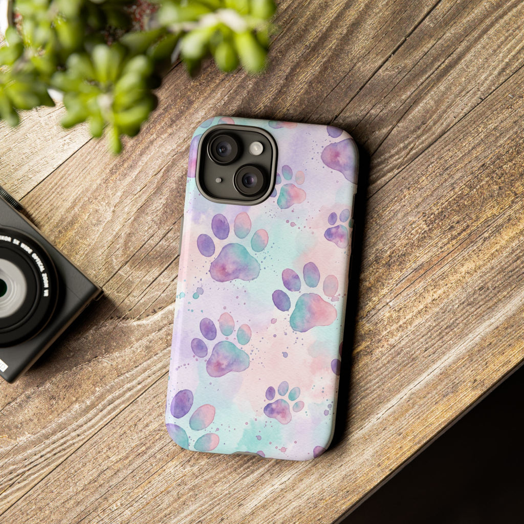 Watercolor Paw Print Phone Case | Pastel Purple, Teal & Pink Artistic Pattern | Samsung & iPhone