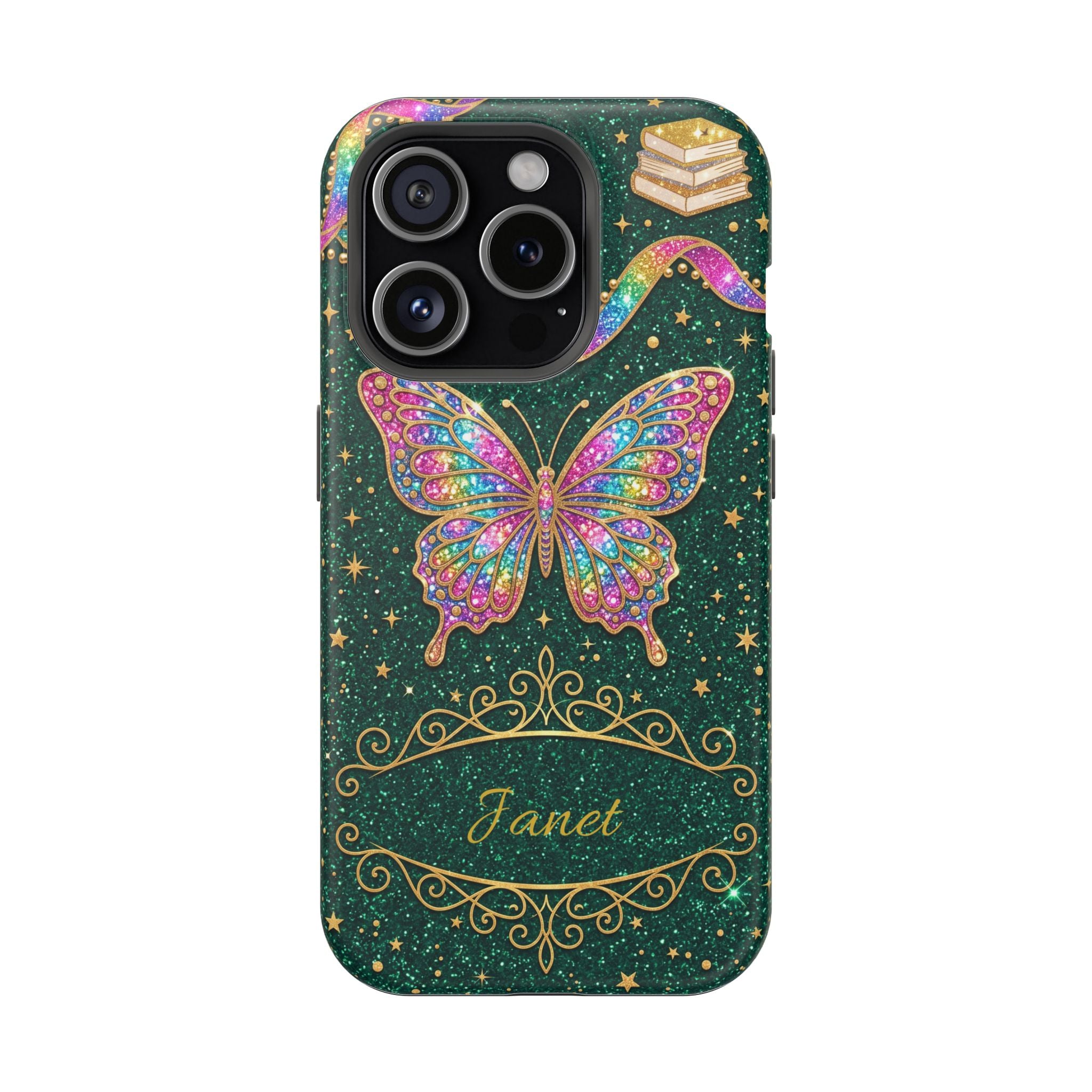 Rainbow Glitter Butterfly Personalized Teacher Phone Case — Wireless Charging Cover