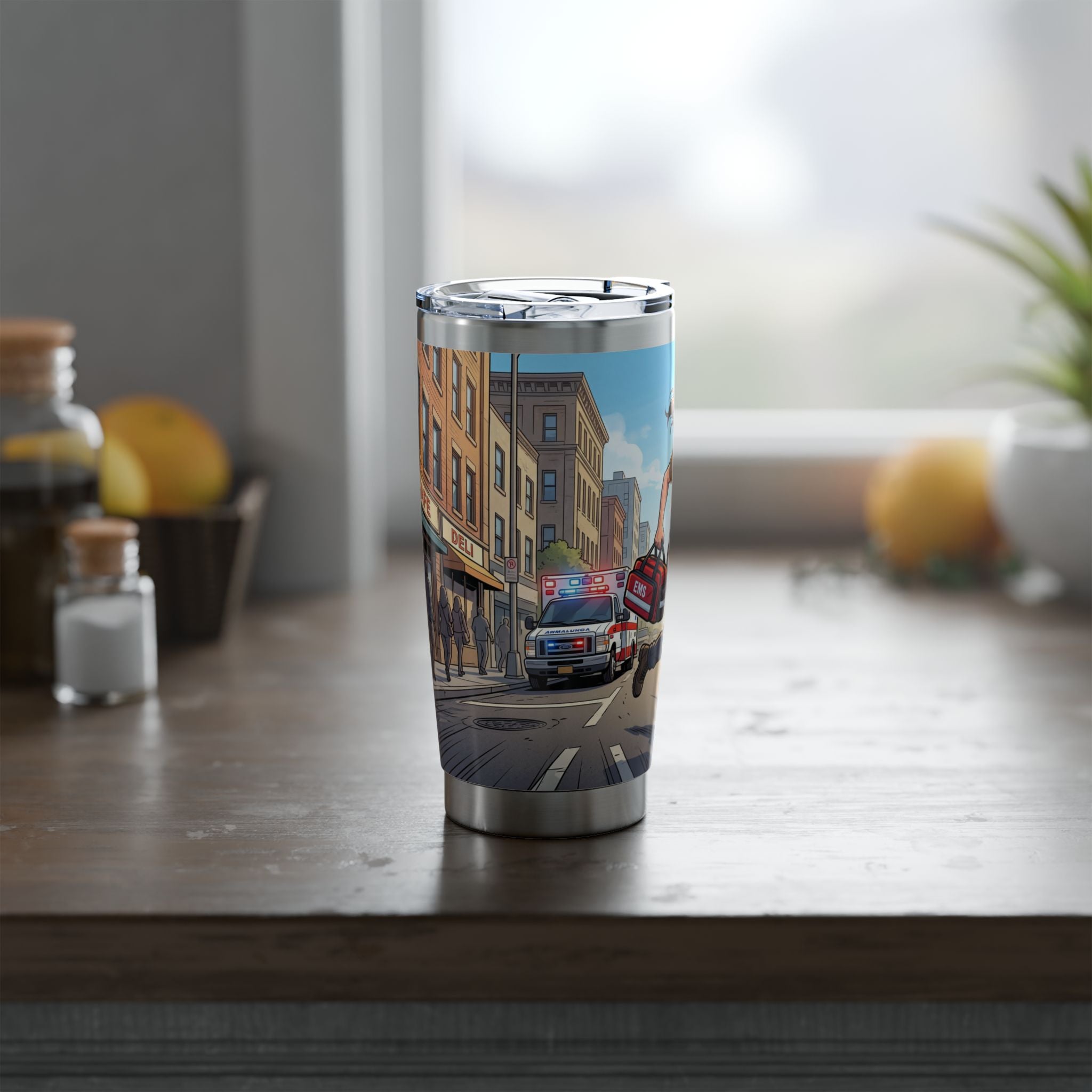 Paramedic/EMT 20oz Tumbler – Female Paramedic Running Illustration in Daytime