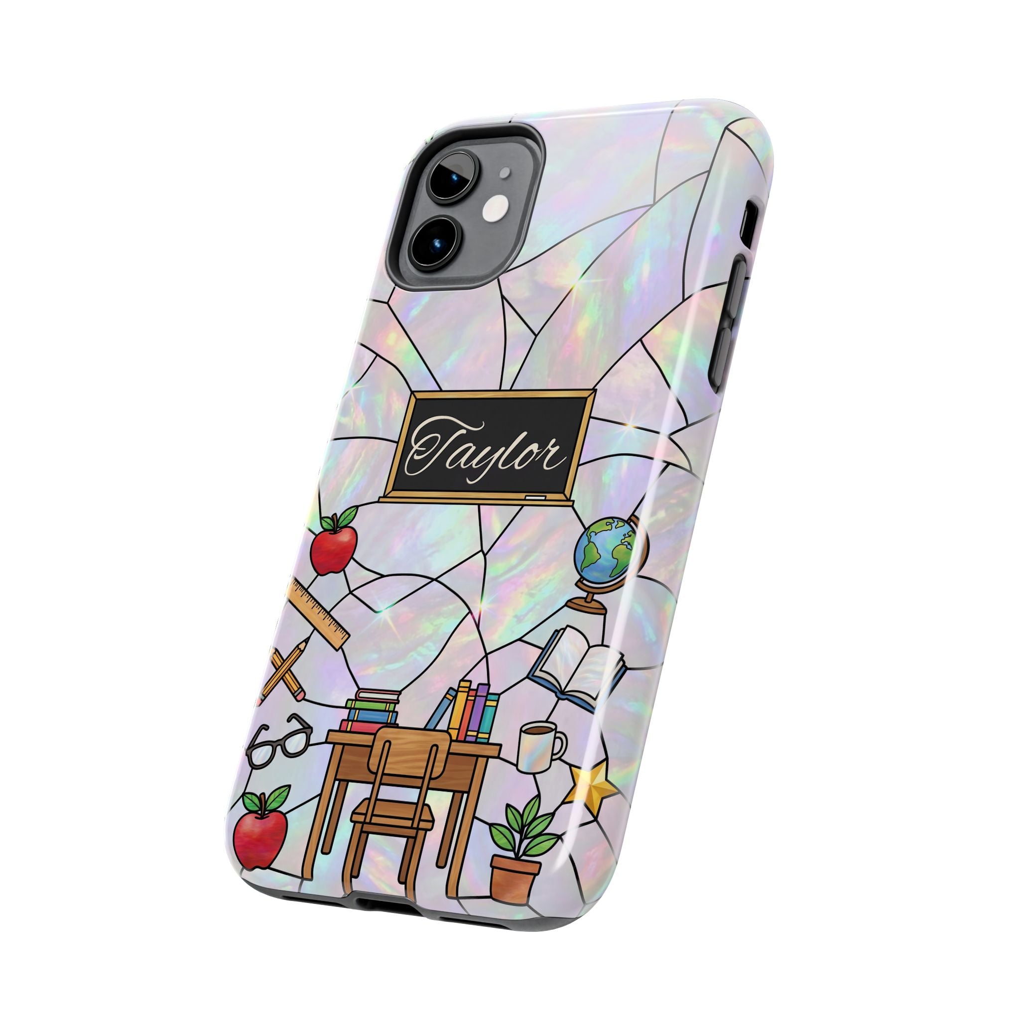 Personalized Teacher Phone Case — Custom Name Stained Glass Classroom Design