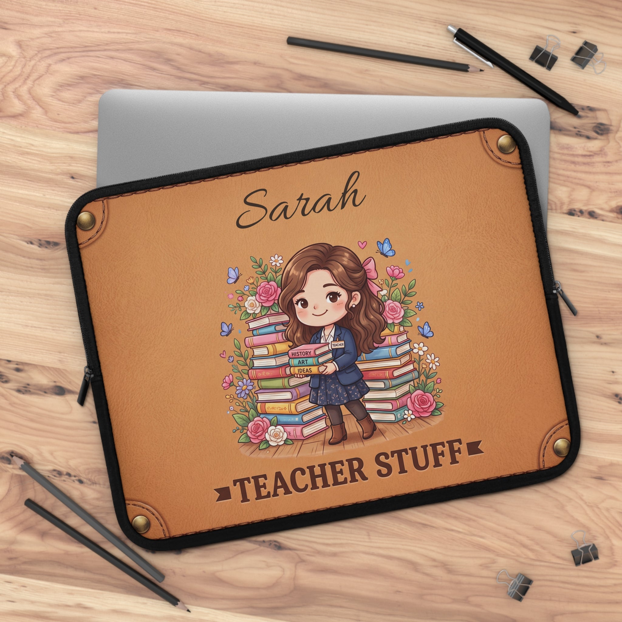 Personalized Teacher Laptop Sleeve | Custom Name Gift | Leather-Look Book Lover Case | Teacher Appreciation Gift