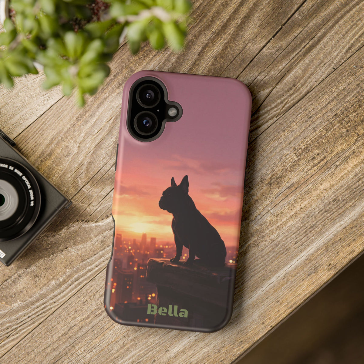 Personalized French Bulldog City Skyline Sunset Phone Case — Wireless Charging Cover