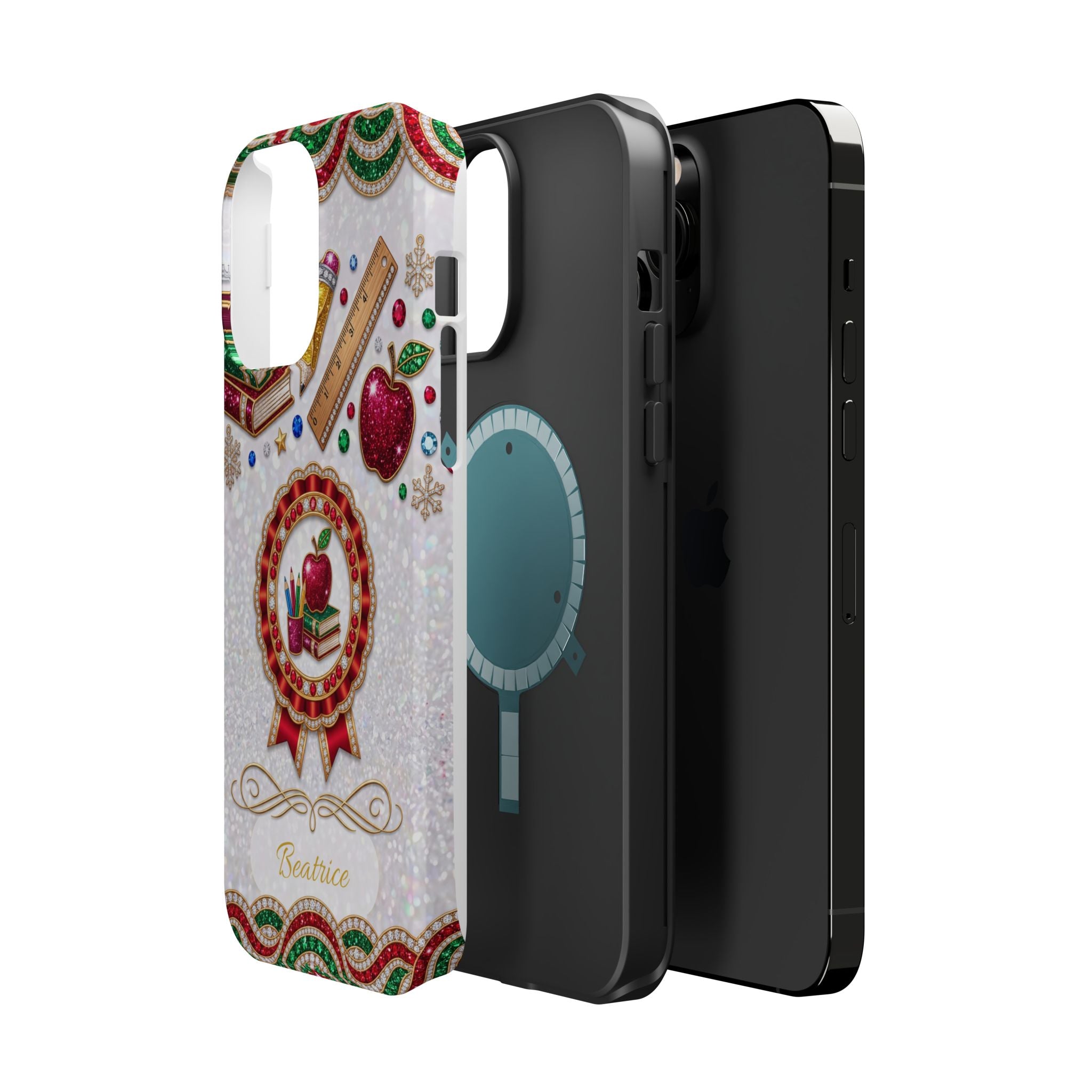 Jeweled Apple Medallion Personalized Teacher Phone Case — Wireless Charging Cover