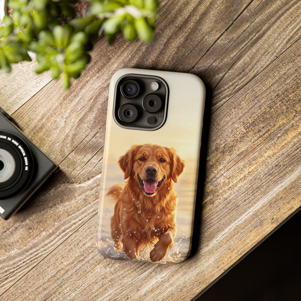 Golden Retriever Splashing in Water Phone Case | Joyful Dog at Golden Hour | iPhone & Samsung