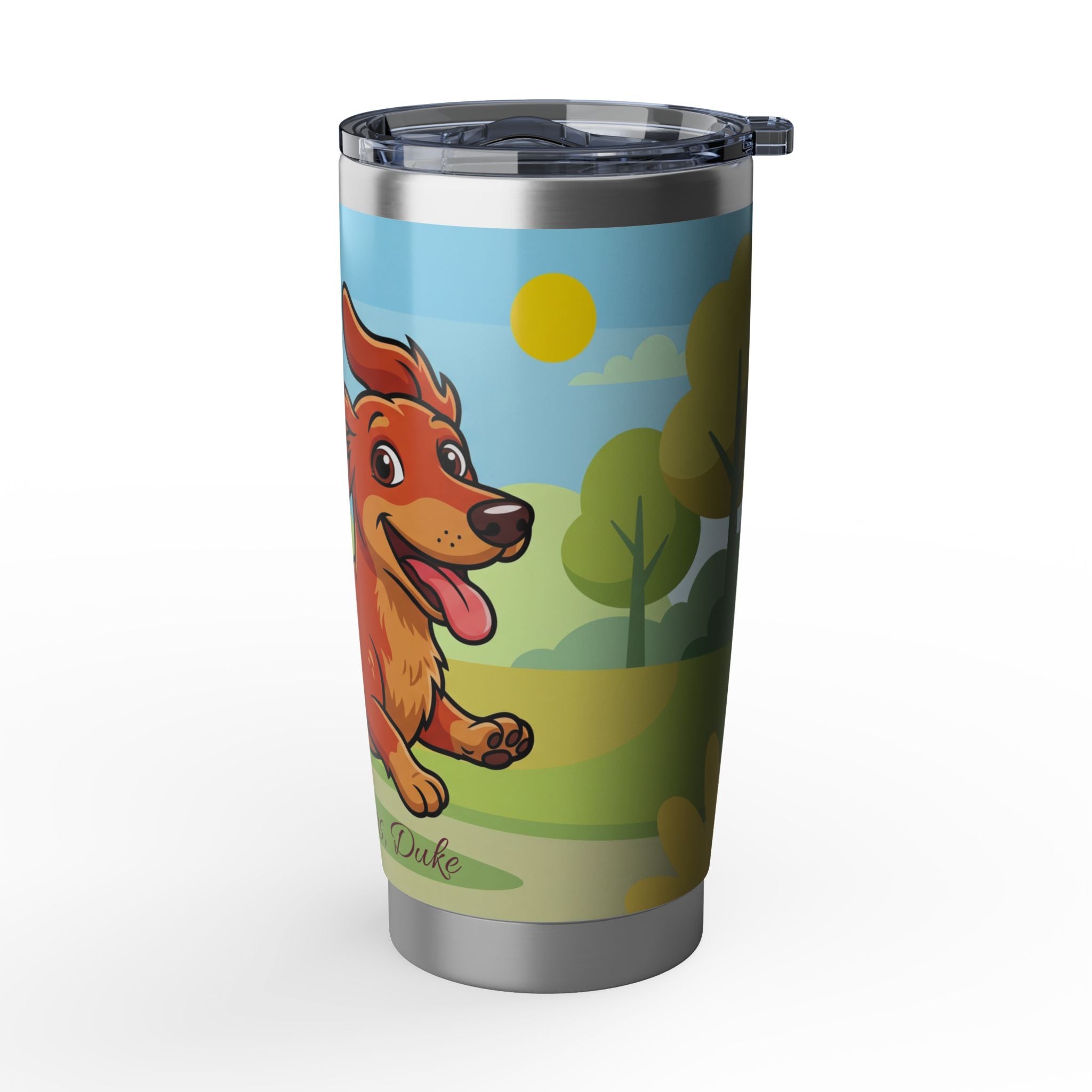 Dachshund Cartoon Stainless Tumbler — 20 oz Personalized Travel Mug with Playful Sunny Park Design