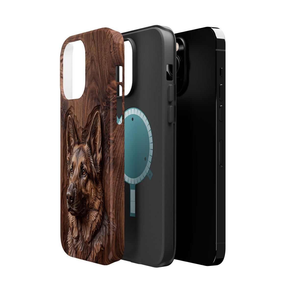 German Shepherd Phone Case | Carved Walnut Art — Tough Magnetic Case with Wireless Charging