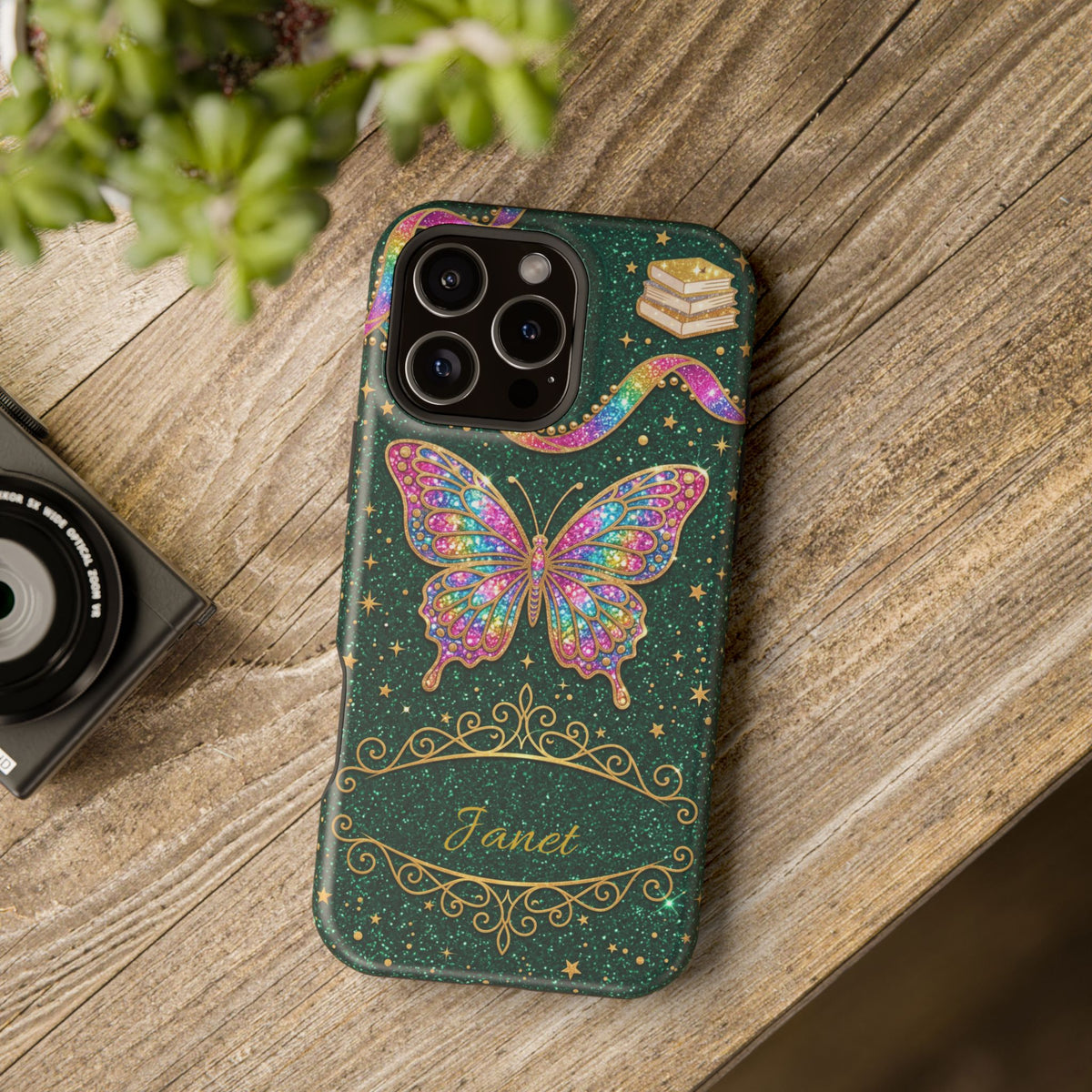 Rainbow Glitter Butterfly Personalized Teacher Phone Case — Wireless Charging Cover