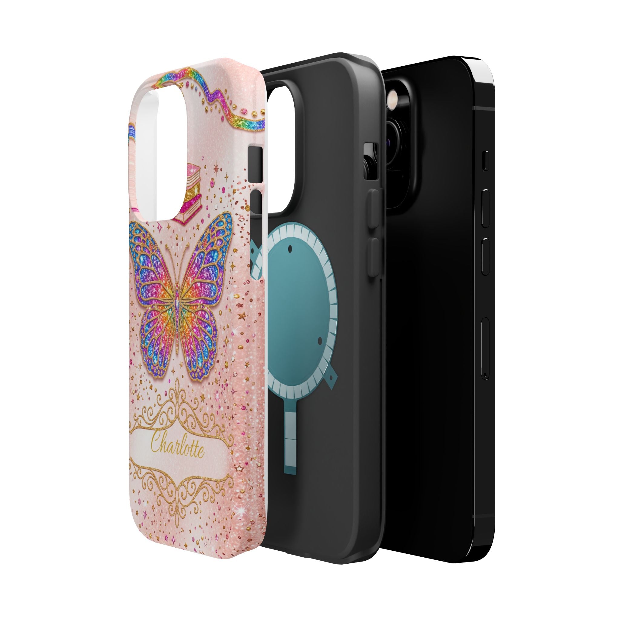 Blush Glitter Butterfly Personalized Teacher Phone Case — Wireless Charging Cover