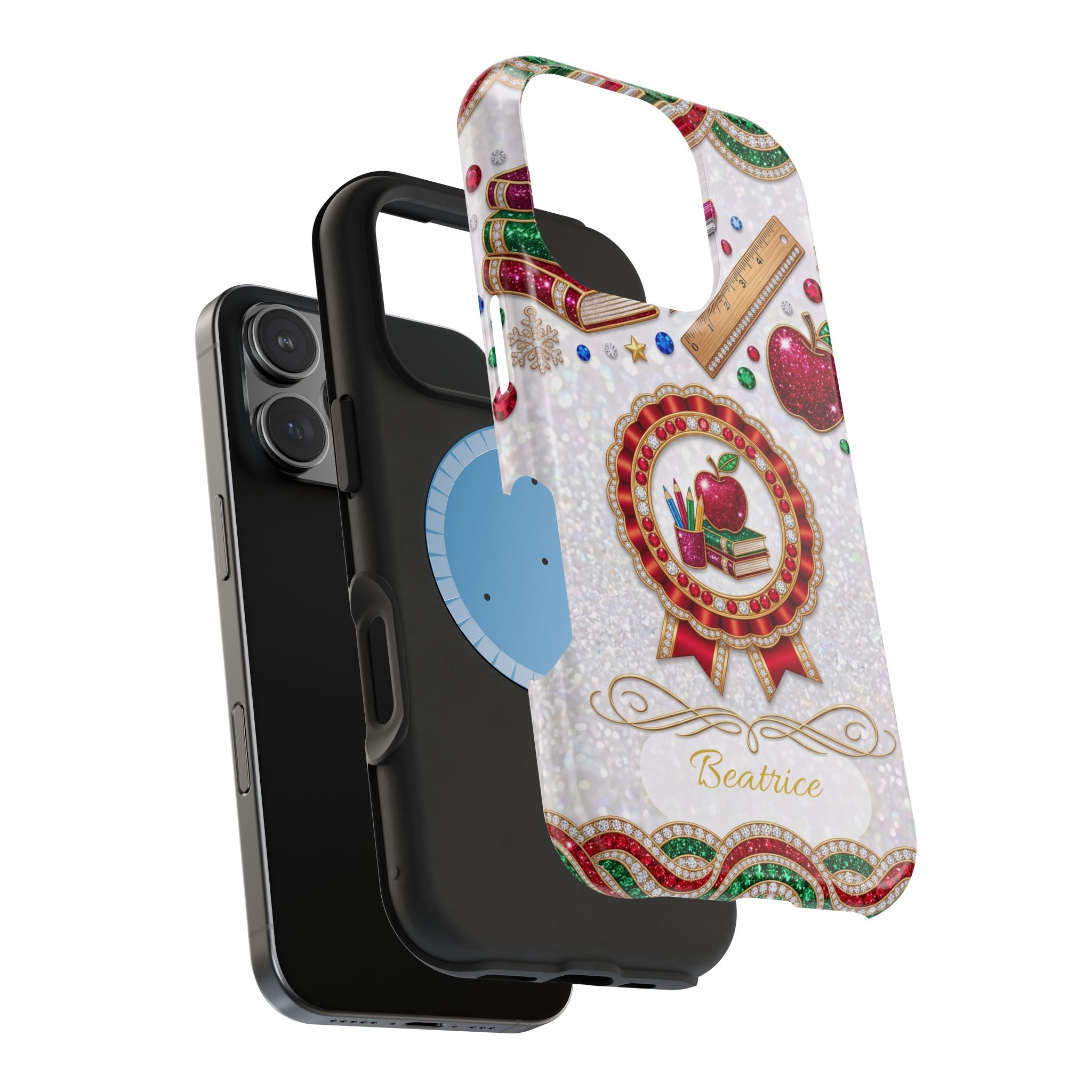 Jeweled Apple Medallion Personalized Teacher Phone Case — Wireless Charging Cover