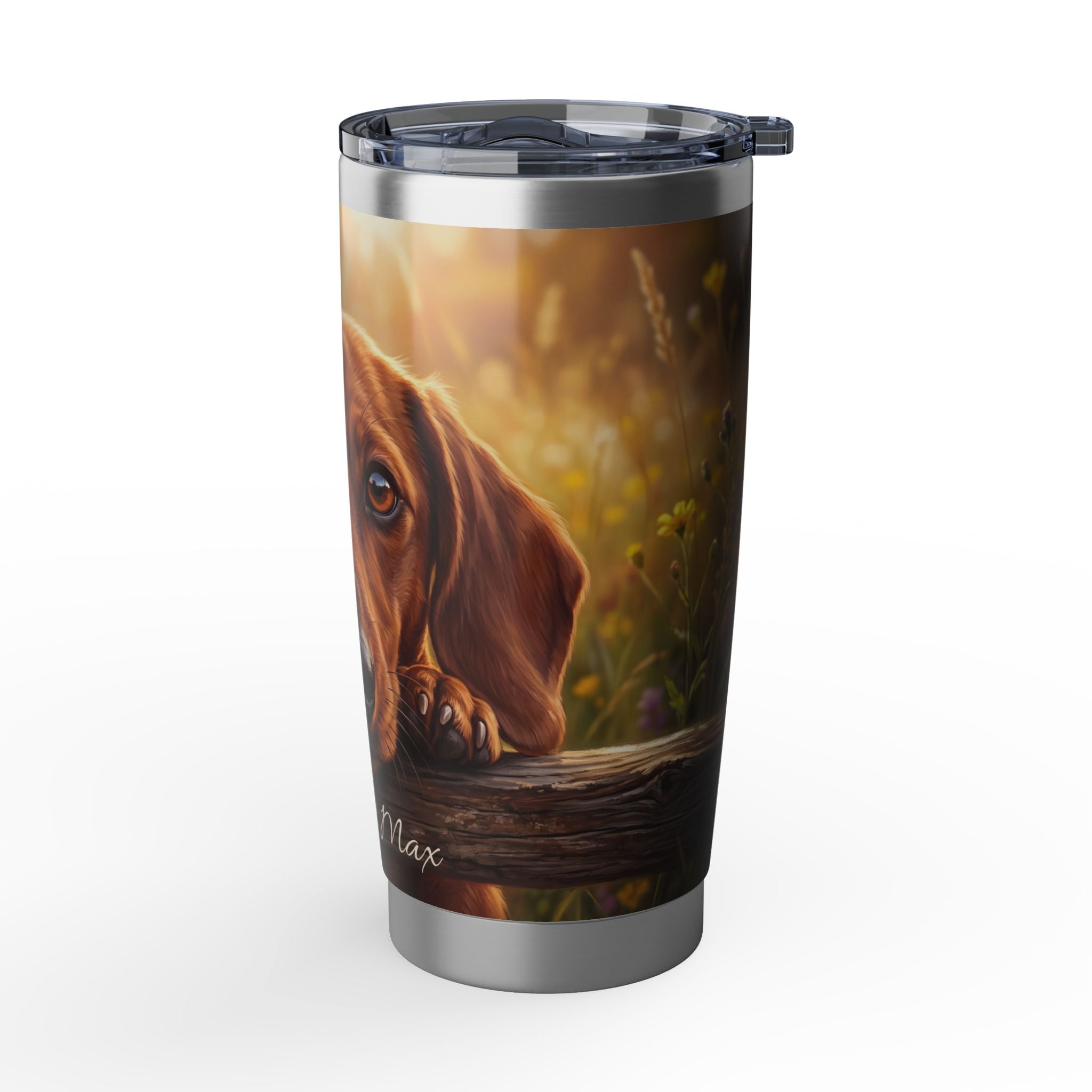 Dachshund Tumbler Personalized – 20 oz Stainless Steel Travel Mug with Custom Name, Golden Meadow Design