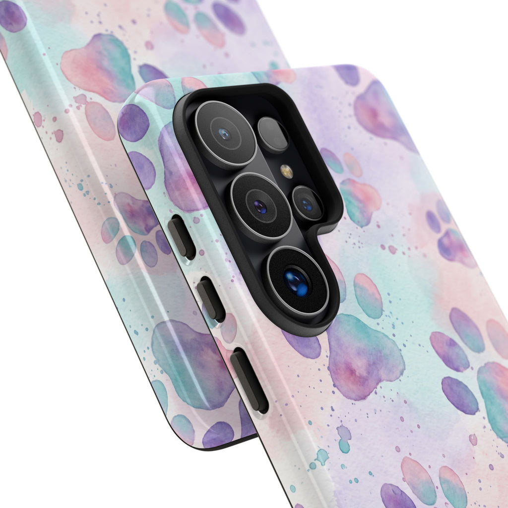 Watercolor Paw Print Phone Case | Pastel Purple, Teal & Pink Artistic Pattern | Samsung & iPhone