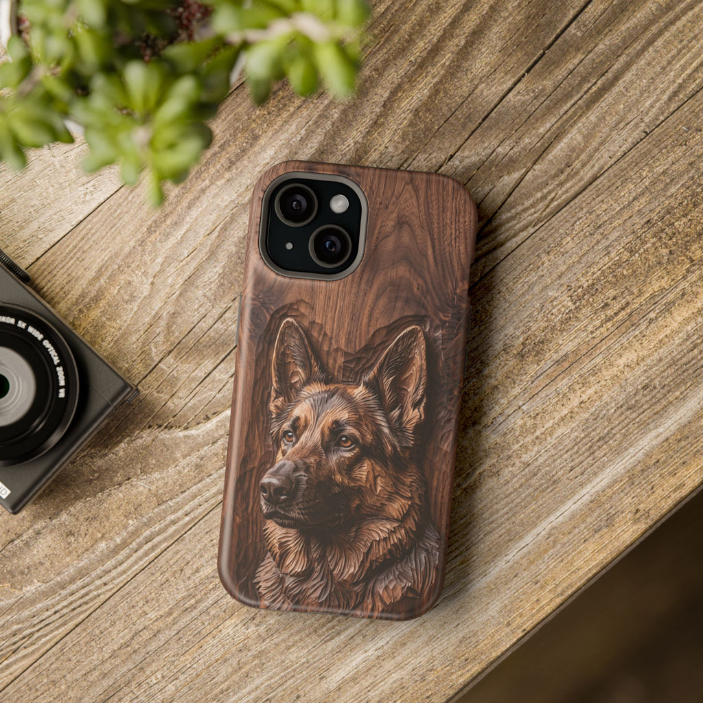 German Shepherd Phone Case | Carved Walnut Art — Tough Magnetic Case with Wireless Charging
