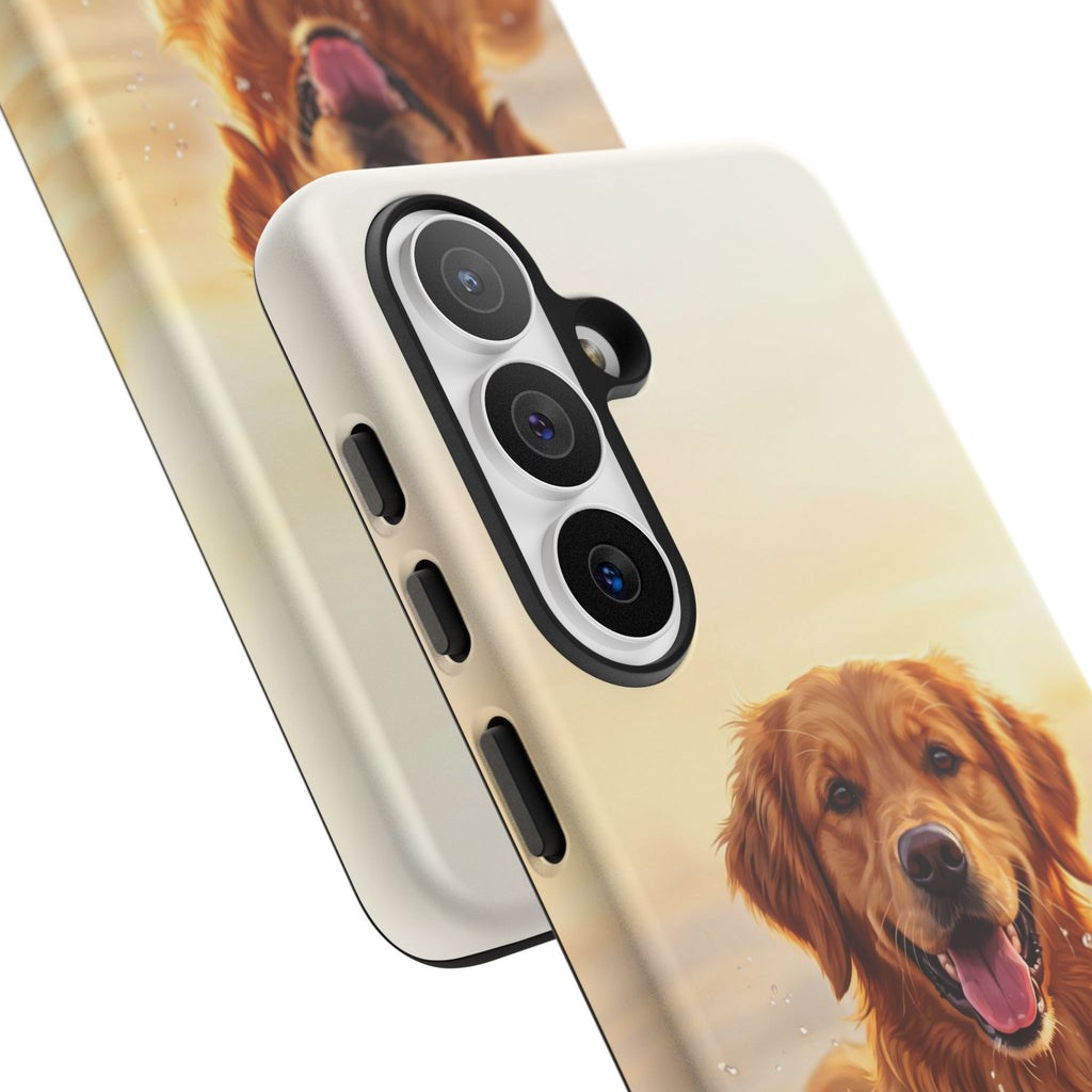 Golden Retriever Splashing in Water Phone Case | Joyful Dog at Golden Hour | iPhone & Samsung
