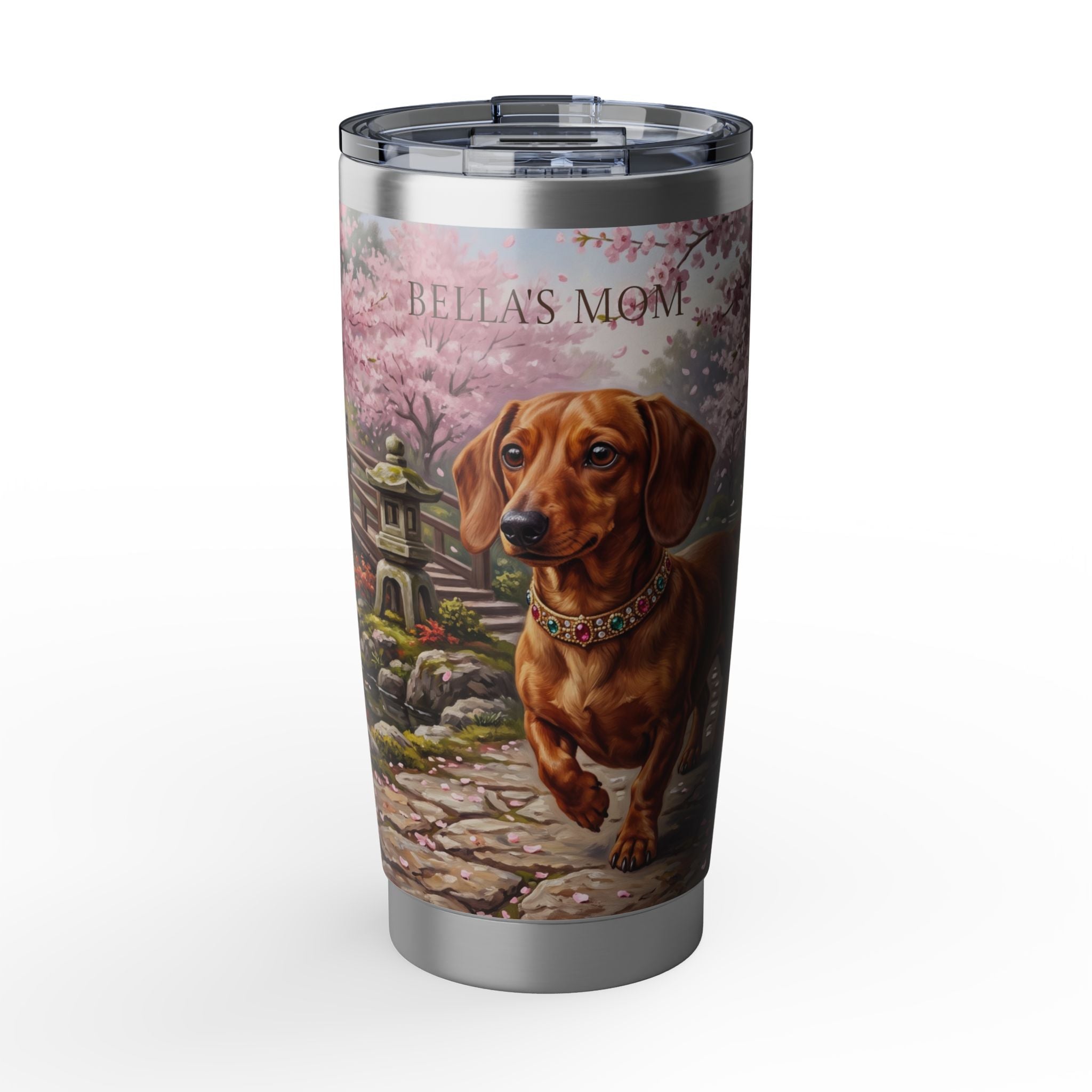 Dachshund Cherry Blossom Stainless Tumbler — 20 oz Personalized Travel Mug with Japanese Garden Design