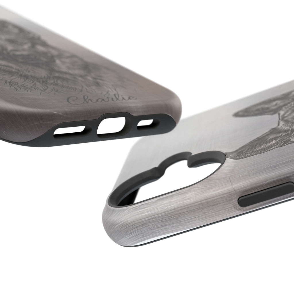 German Shepherd Phone Case | Personalized Etched Silver Art — Tough Magnetic Case with Wireless Charging