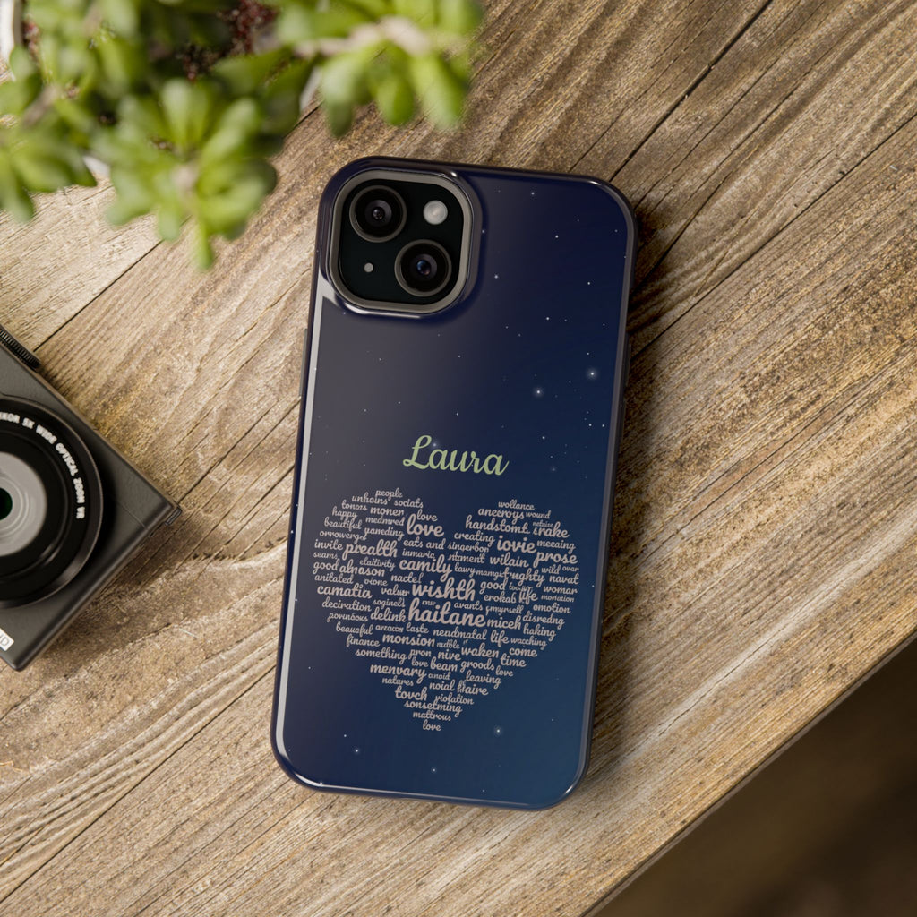 Personalized Teacher Heart Word Art Phone Case — Navy Wireless Charging Cover