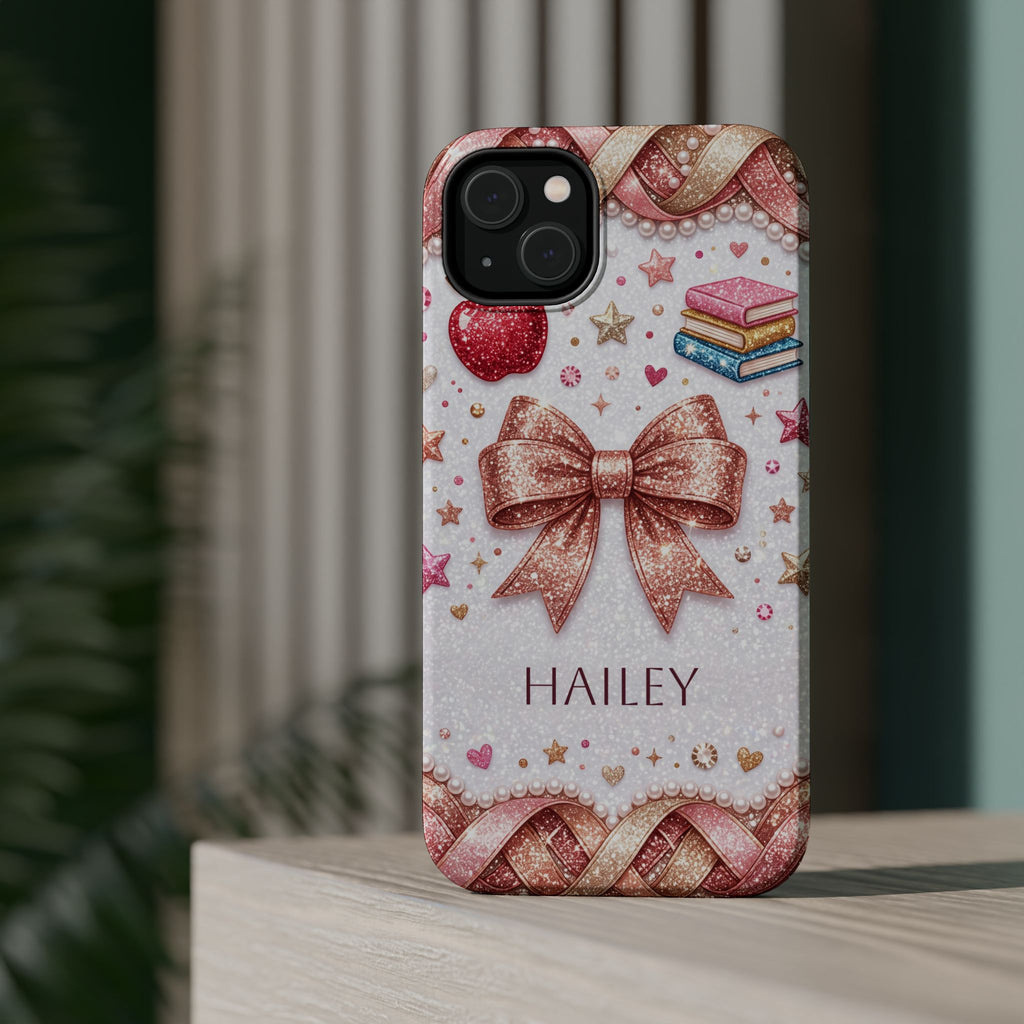 Rose Gold Glitter Bow Personalized Teacher Phone Case — Wireless Charging Cover