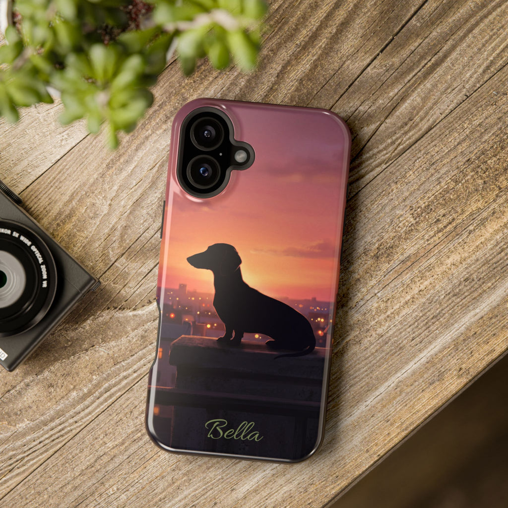 Personalized Dachshund Rooftop Sunset Phone Case — Wireless Charging Cover