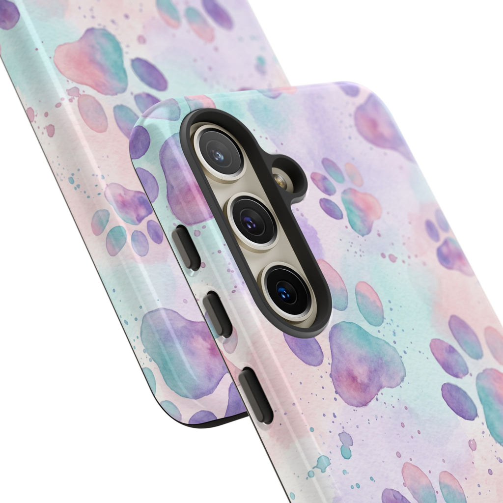 Watercolor Paw Print Phone Case | Pastel Purple, Teal & Pink Artistic Pattern | Samsung & iPhone
