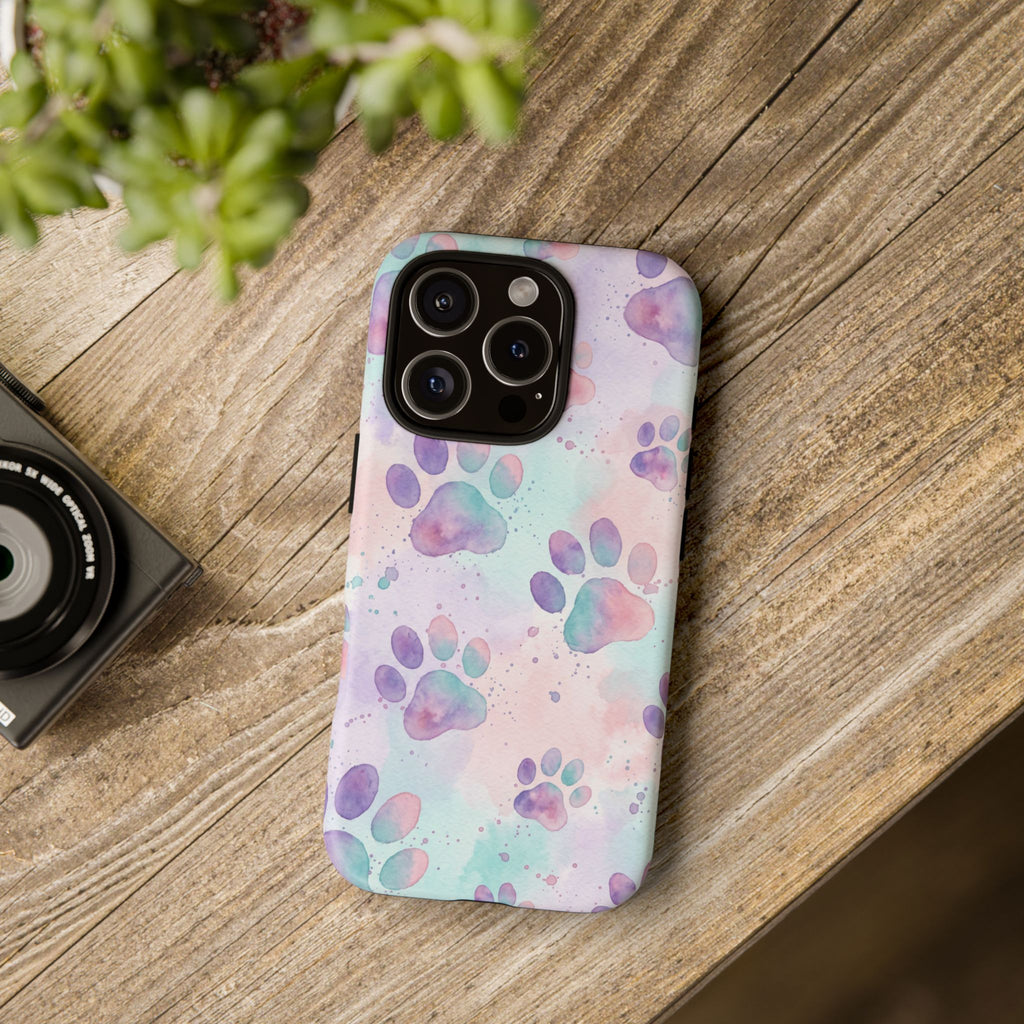 Watercolor Paw Print Phone Case | Pastel Purple, Teal & Pink Artistic Pattern | Samsung & iPhone