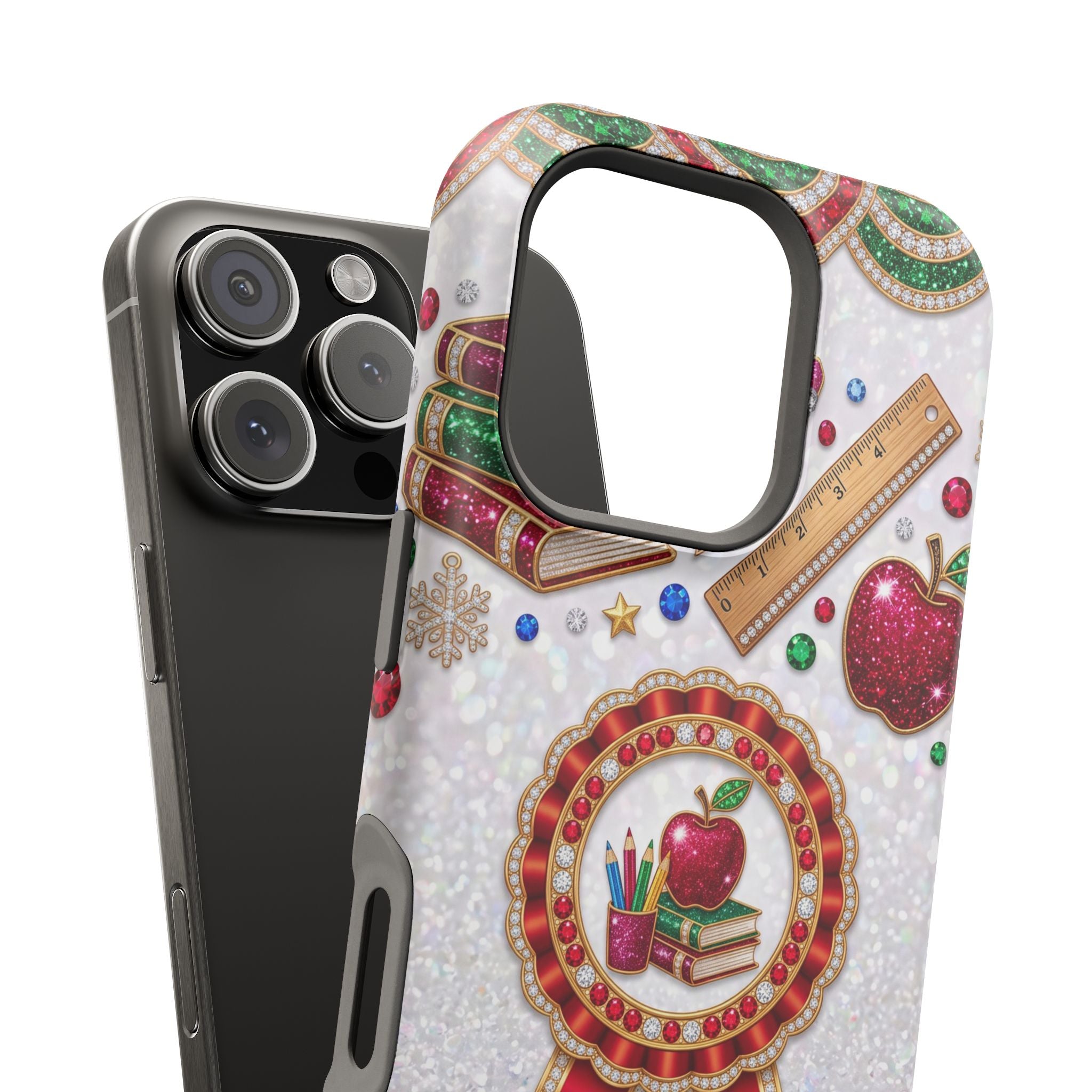 Jeweled Apple Medallion Personalized Teacher Phone Case — Wireless Charging Cover
