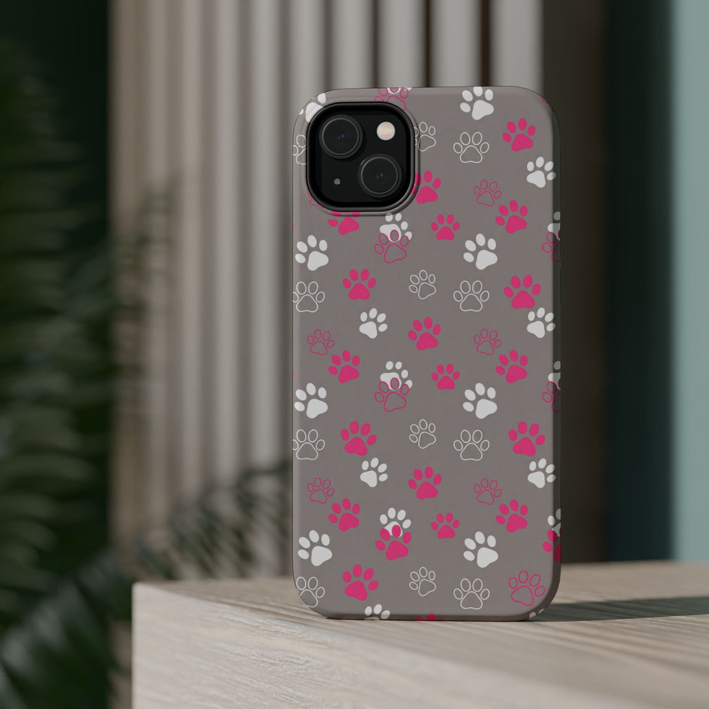 Pink & White Paw Print Phone Case — Impact-Resistant Wireless Charging Cover