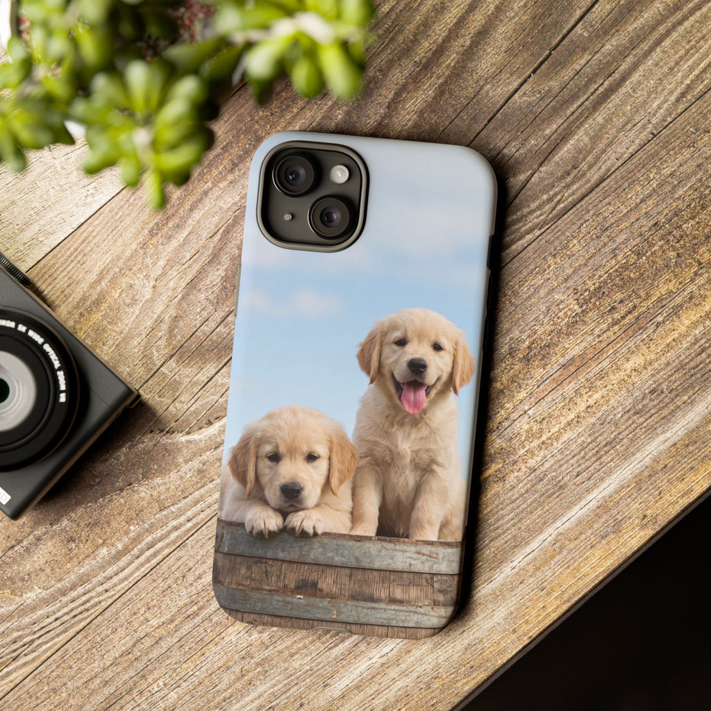 Golden Retriever Puppies on Barrel Phone Case | Cute Duo Under Blue Sky | iPhone & Samsung