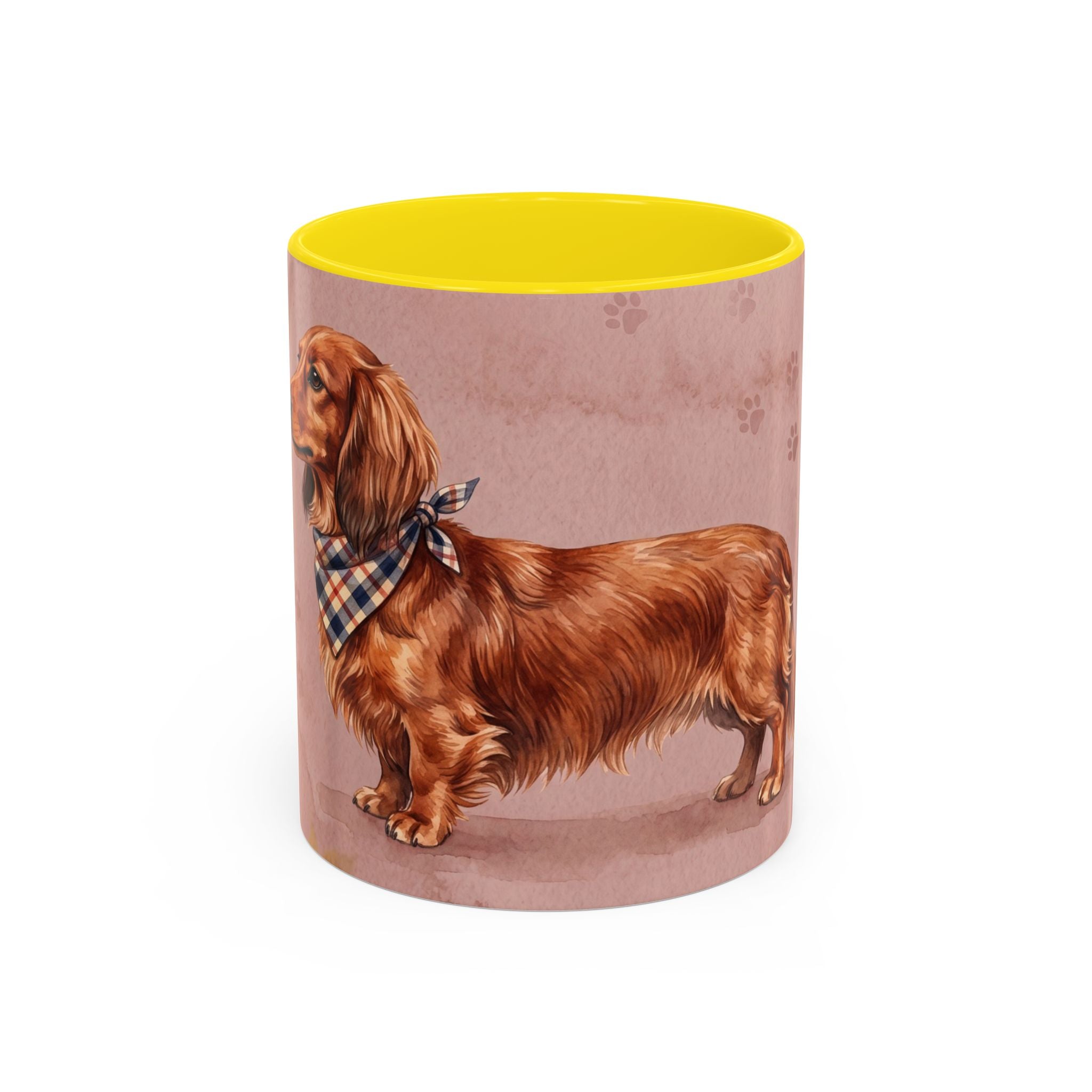 Dachshund Lover Mug | Long-Haired Wiener Dog with Plaid Bandana, Dusty Rose Watercolor Dog Gift