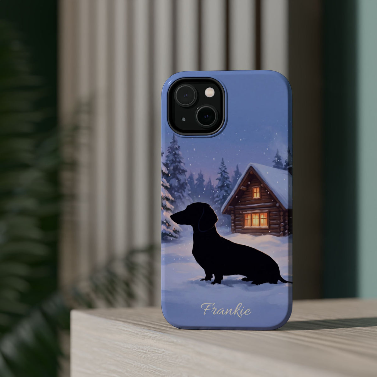 Personalized Dachshund Winter Cabin Phone Case — Wireless Charging Cover