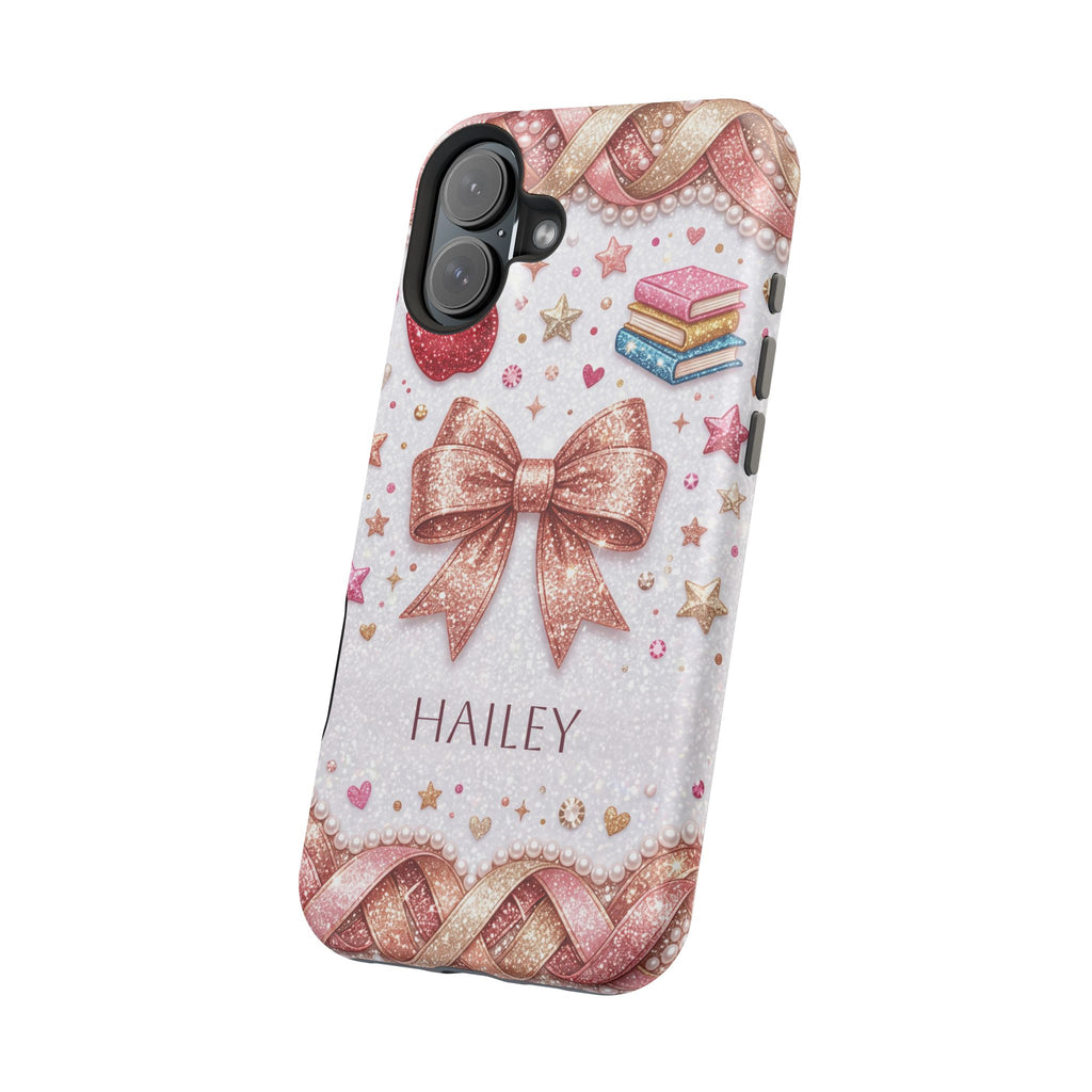 Rose Gold Glitter Bow Personalized Teacher Phone Case — Wireless Charging Cover
