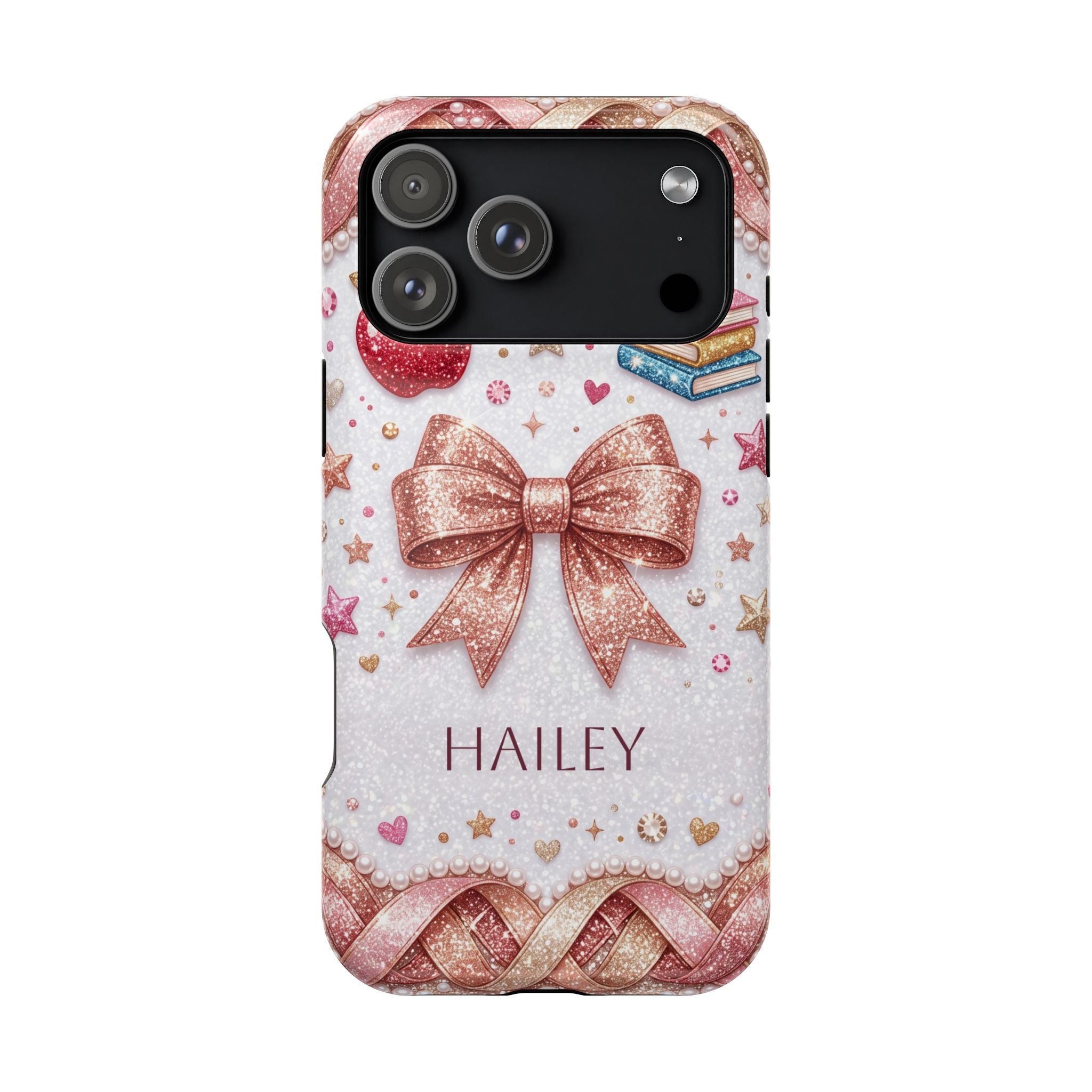 Rose Gold Glitter Bow Personalized Teacher Phone Case — Wireless Charging Cover