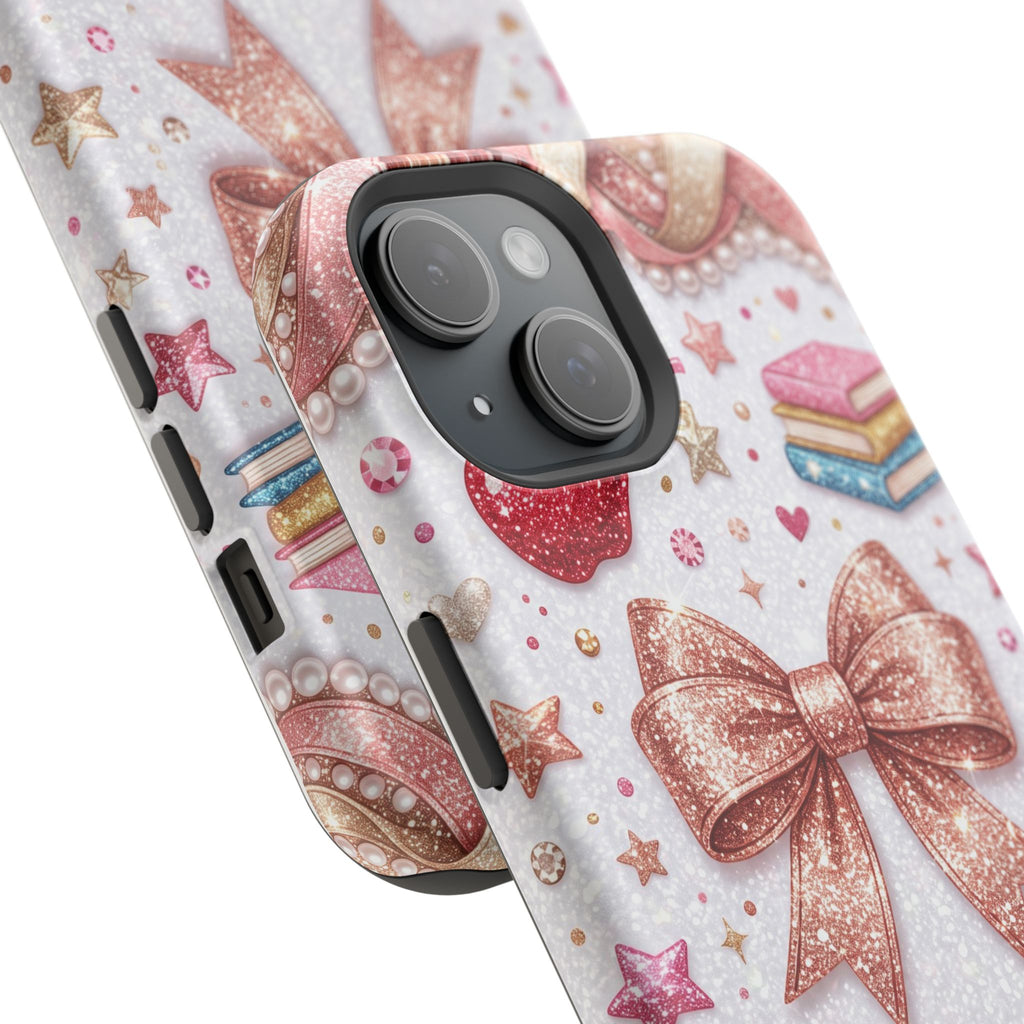 Rose Gold Glitter Bow Personalized Teacher Phone Case — Wireless Charging Cover
