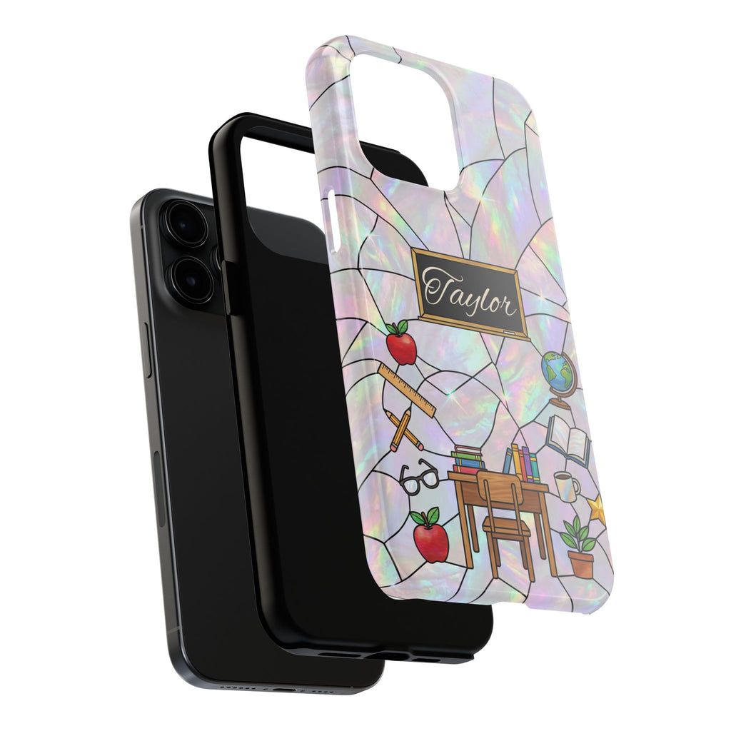 Personalized Teacher Phone Case — Custom Name Stained Glass Classroom Design